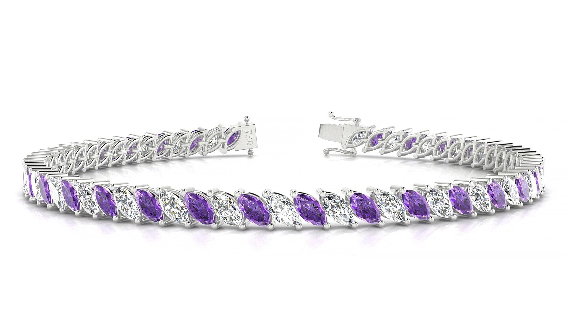 Venezia 1-1 | 18k White Gold 5 x 2.5 mm Marquise Natural Amethyst & Diamond 15 cm Tennis Bracelet