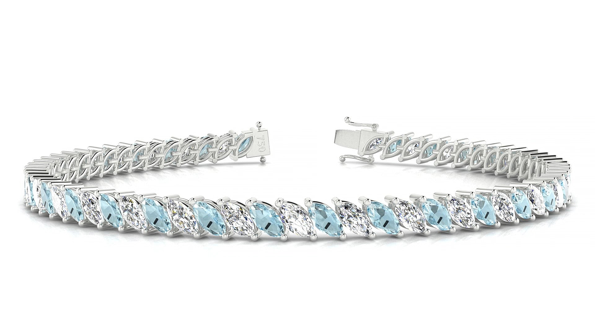 Venezia 1-1 | 18k White Gold 5 x 2.5 mm Marquise Natural Aquamarine & Diamond 16 cm Tennis Bracelet