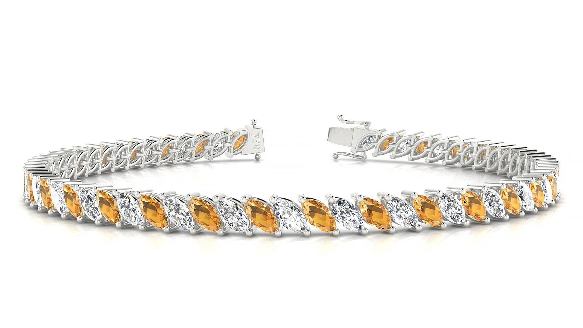 Venezia 1-1 | 18k White Gold 5 x 2.5 mm Marquise Natural Citrine & Diamond 15 cm Tennis Bracelet