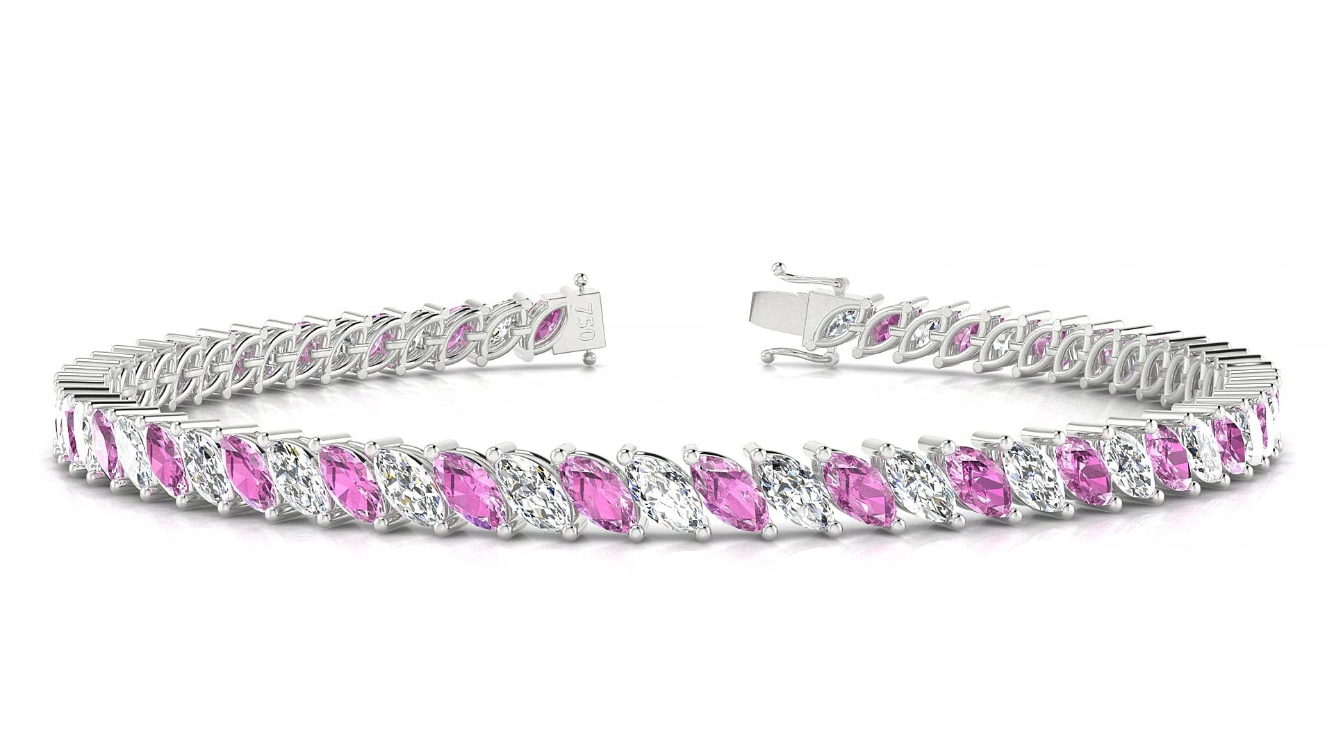 Venezia 1-1 | 18k White Gold 5 x 2.5 mm Marquise Natural Pink Sapphire & Diamond 17 cm Tennis Bracelet