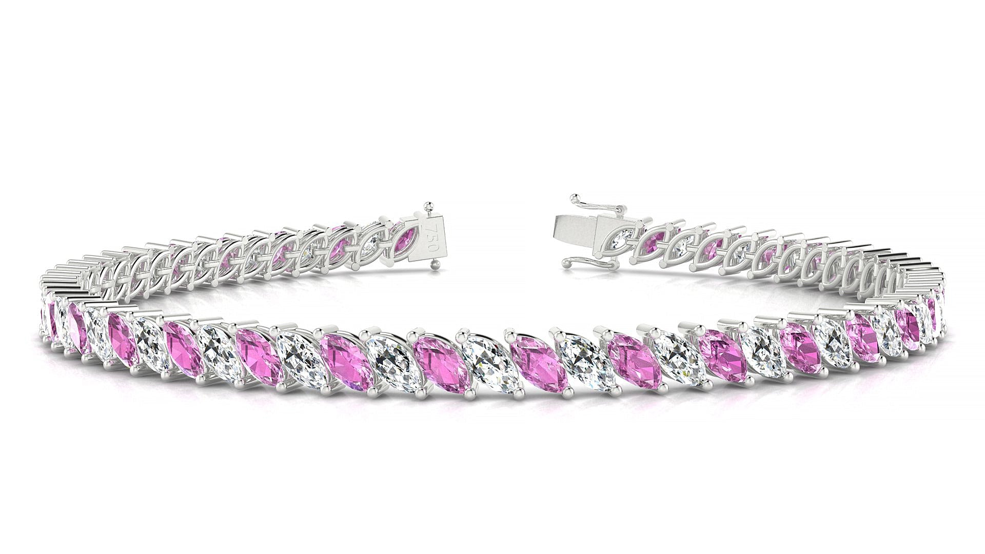Venezia 1-1 | 18k White Gold 5 x 2.5 mm Marquise Natural Pink Sapphire & Diamond Tennis Bracelet