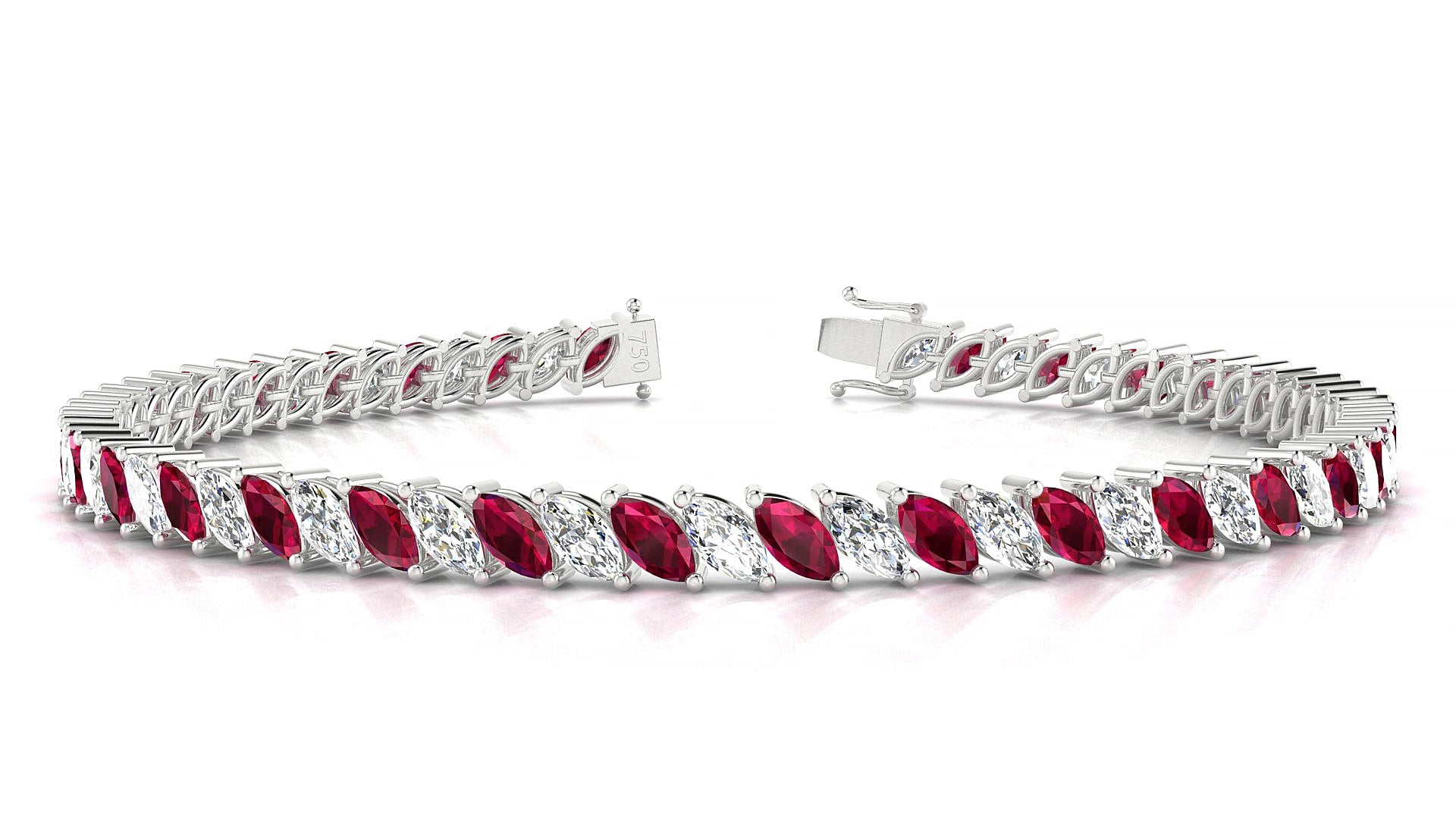 Venezia 1-1 | 18k White Gold 5 x 2.5 mm Marquise Natural Ruby & Diamond 17 cm Tennis Bracelet