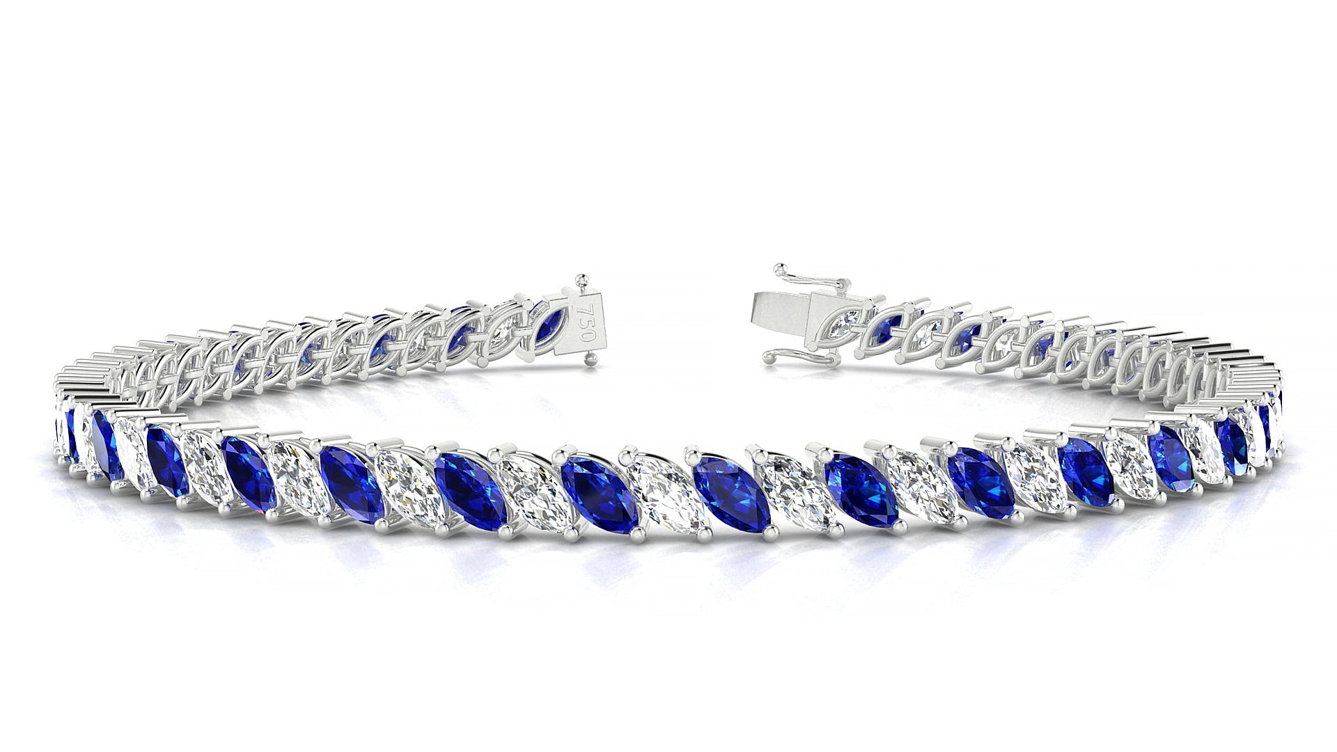 Venezia 1-1 | 18k White Gold 5 x 2.5 mm Marquise Natural Sapphire & Diamond 15 cm Tennis Bracelet