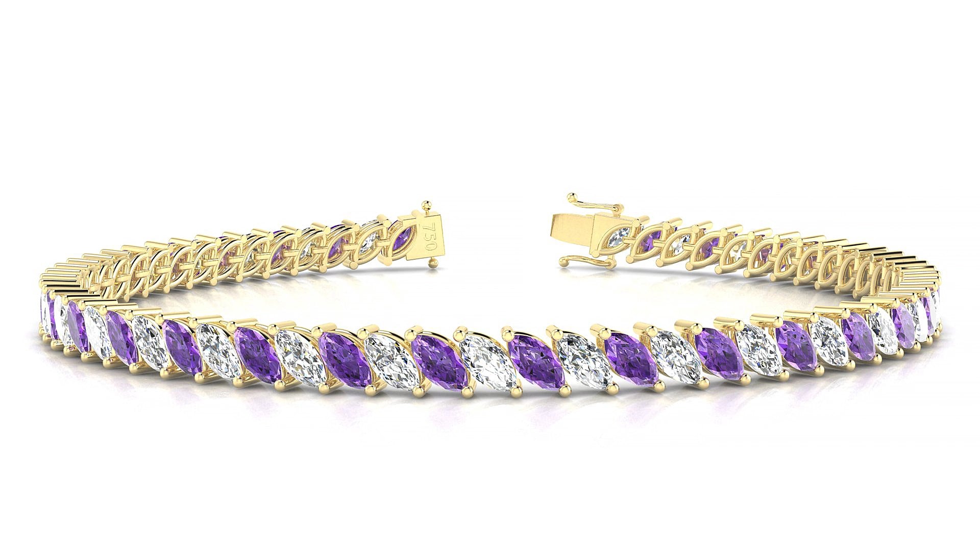 Venezia 1-1 | 18k Yellow Gold 5 x 2.5 mm Marquise Natural Amethyst & Diamond 20 cm Tennis Bracelet