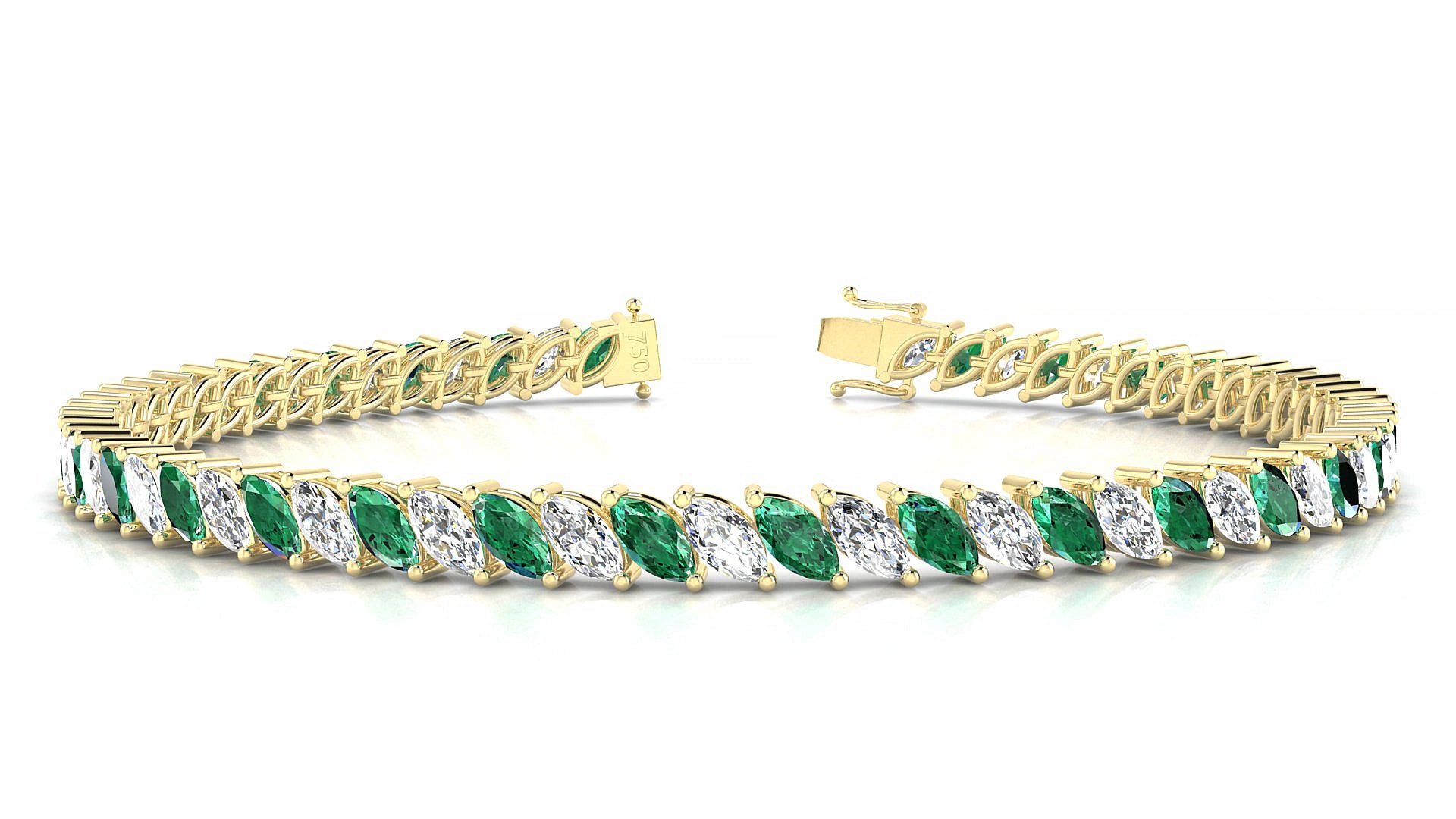 Venezia 1-1 | 18k Yellow Gold 5 x 2.5 mm Marquise Natural Emerald & Diamond 15 cm Tennis Bracelet
