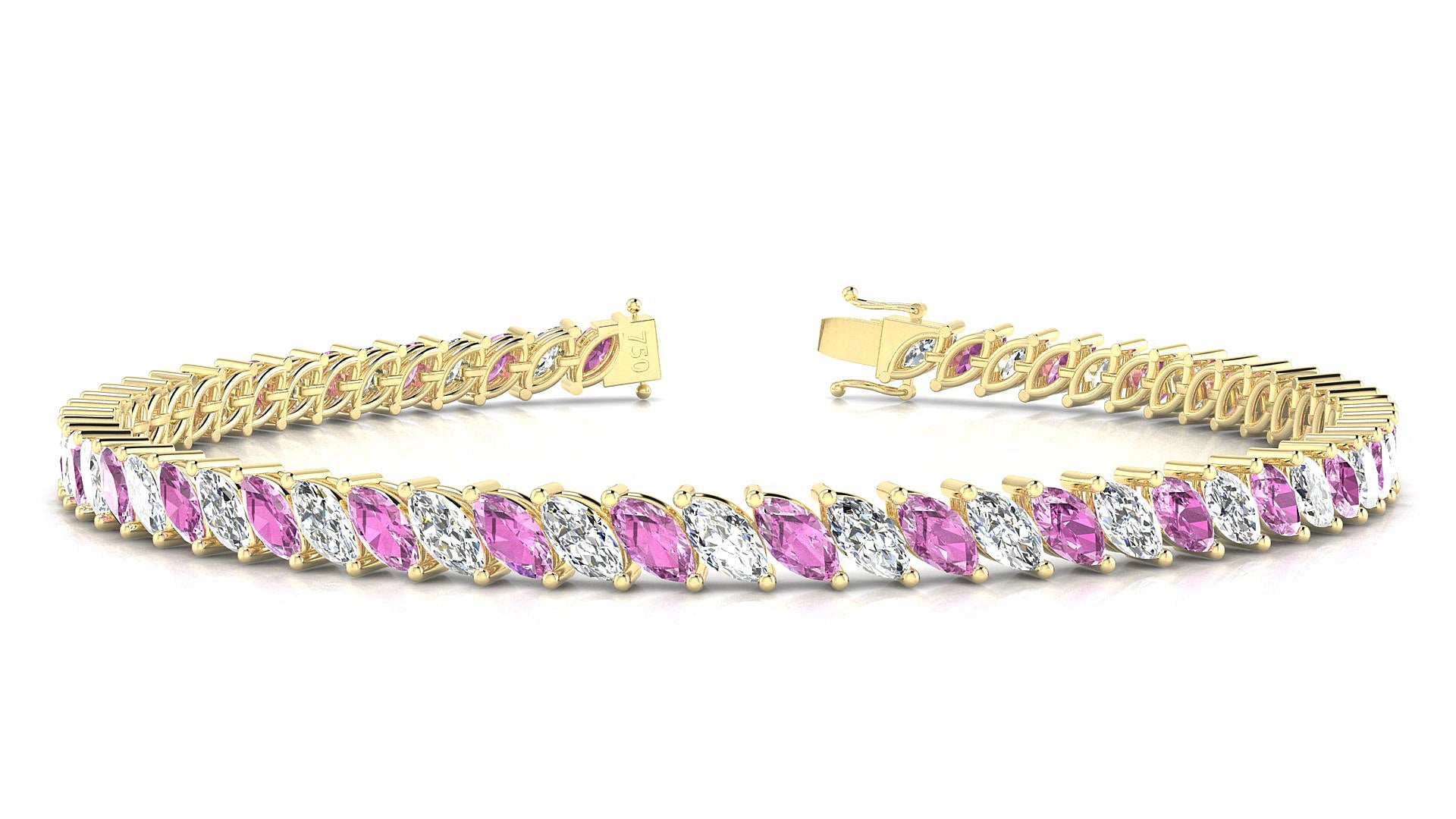 Venezia 1-1 | 18k Yellow Gold 5 x 2.5 mm Marquise Natural Pink Sapphire & Diamond 17 cm Tennis Bracelet