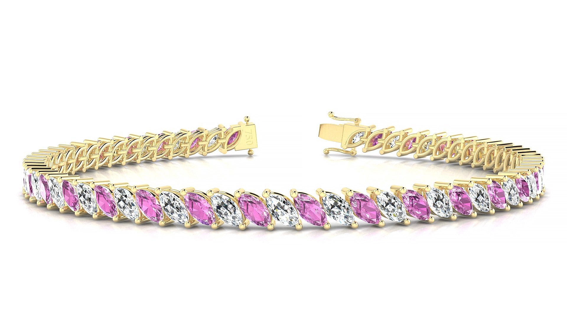 Venezia 1-1 | 18k Yellow Gold 5 x 2.5 mm Marquise Natural Pink Sapphire & Diamond Tennis Bracelet