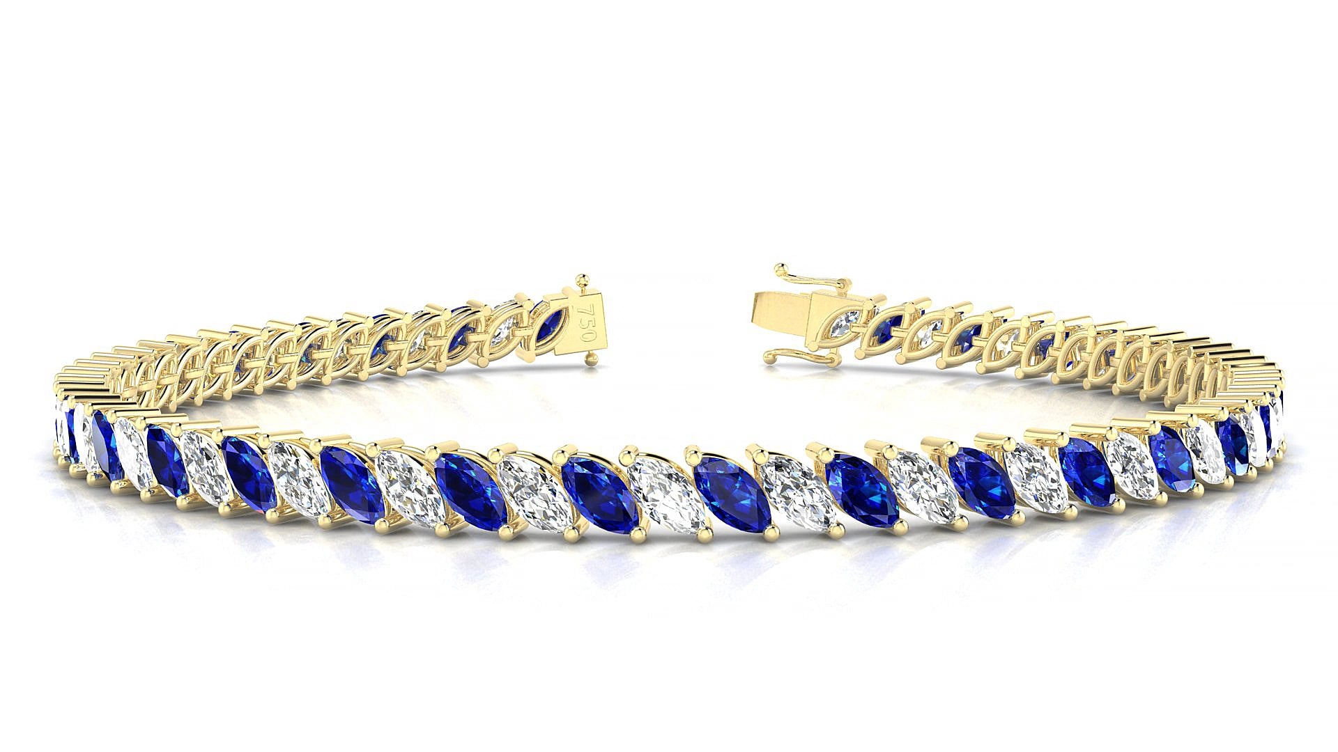 Venezia 1-1 | 18k Yellow Gold 5 x 2.5 mm Marquise Natural Sapphire & Diamond 17 cm Tennis Bracelet