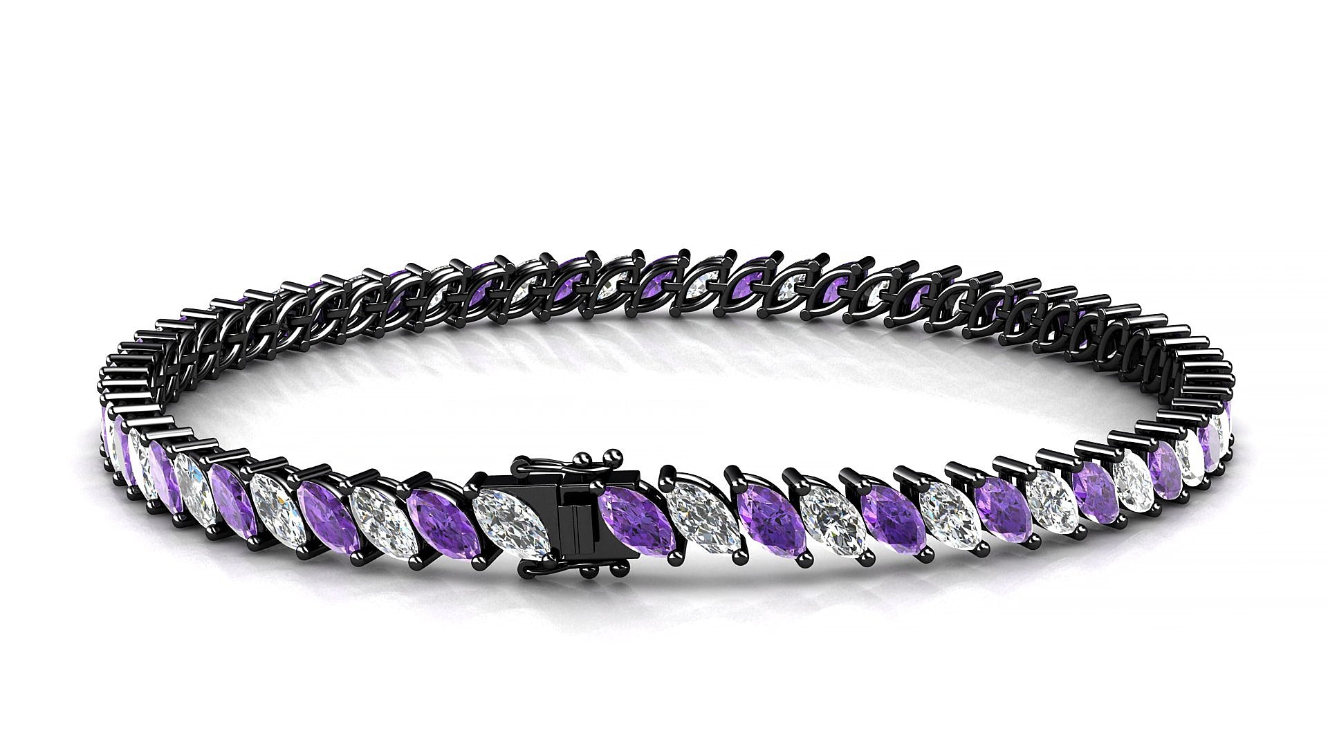 Venezia 1-1 | 18k Black Gold 5 x 2.5 mm Marquise Natural Amethyst & Diamond 20 cm Tennis Bracelet