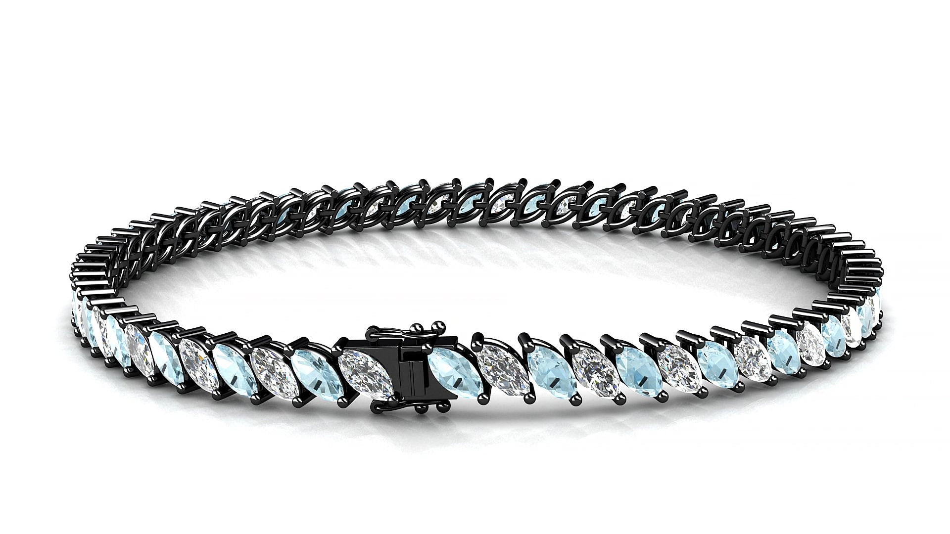 Venezia 1-1 | 18k Black Gold 5 x 2.5 mm Marquise Natural Aquamarine & Diamond 19 cm Tennis Bracelet