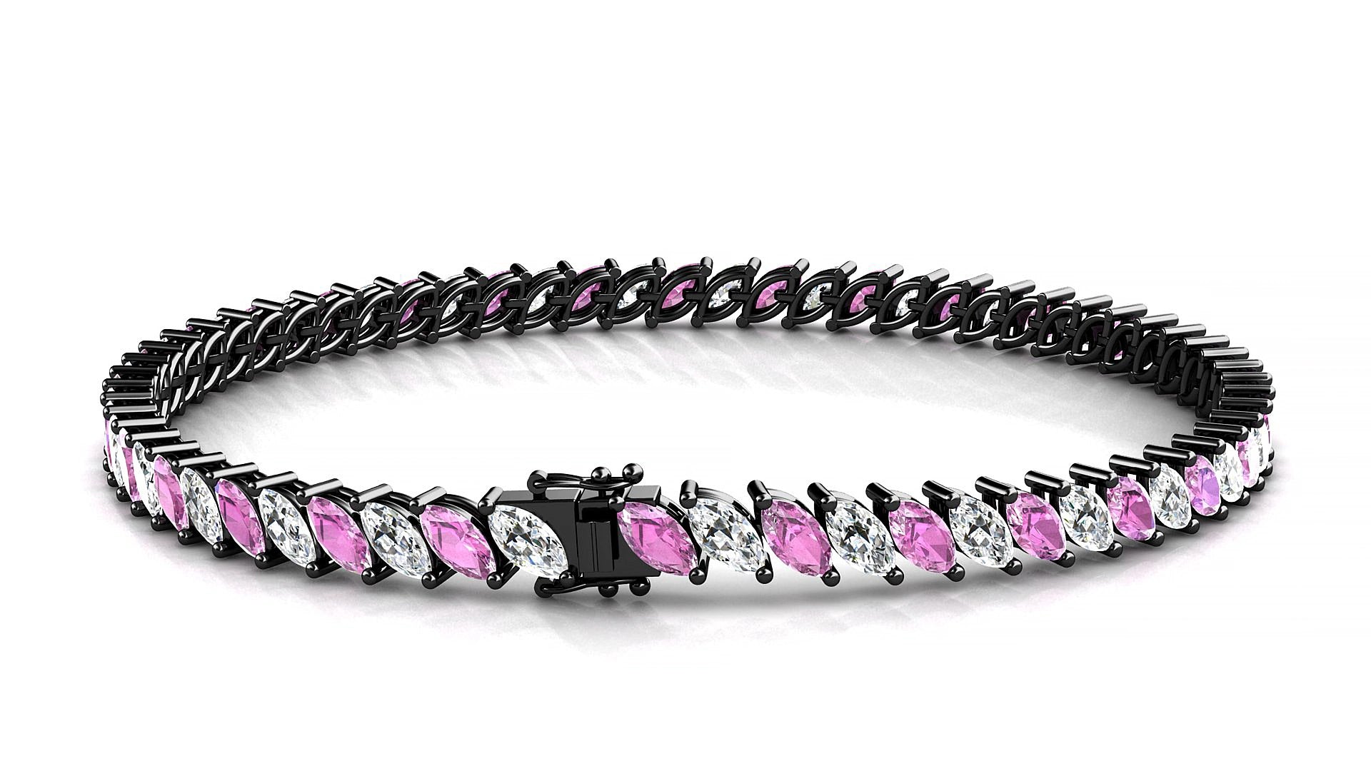 Venezia 1-1 | 18k Black Gold 5 x 2.5 mm Marquise Natural Pink Sapphire & Diamond 15 cm Tennis Bracelet