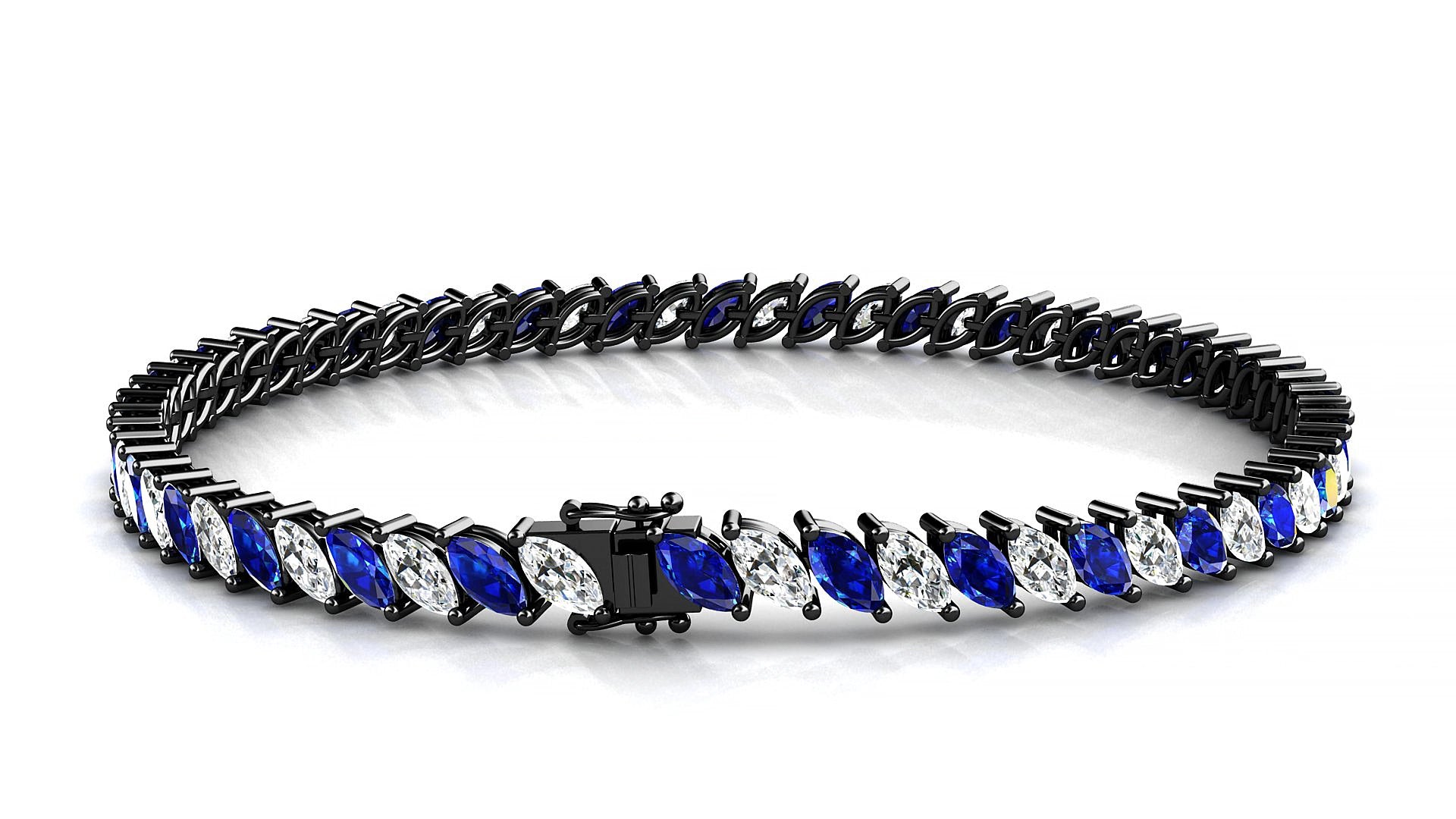Venezia 1-1 | 18k Black Gold 5 x 2.5 mm Marquise Natural Sapphire & Diamond 15 cm Tennis Bracelet