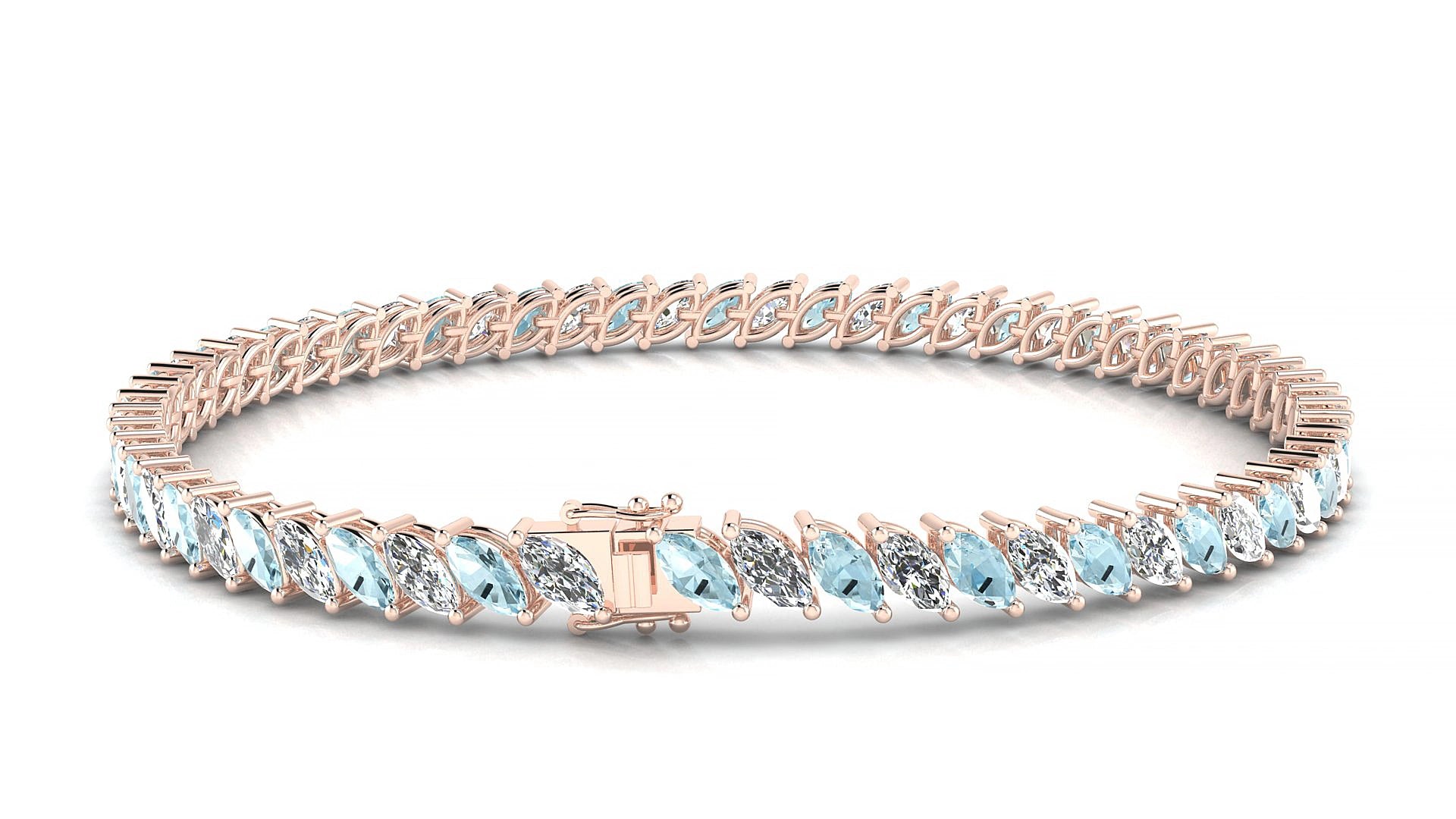 Venezia 1-1 | 18k Rose Gold 5 x 2.5 mm Marquise Natural Aquamarine & Diamond 16 cm Tennis Bracelet