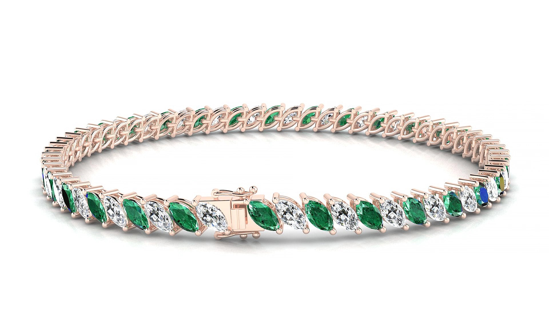 Venezia 1-1 | 18k Rose Gold 5 x 2.5 mm Marquise Natural Emerald & Diamond 18 cm Tennis Bracelet