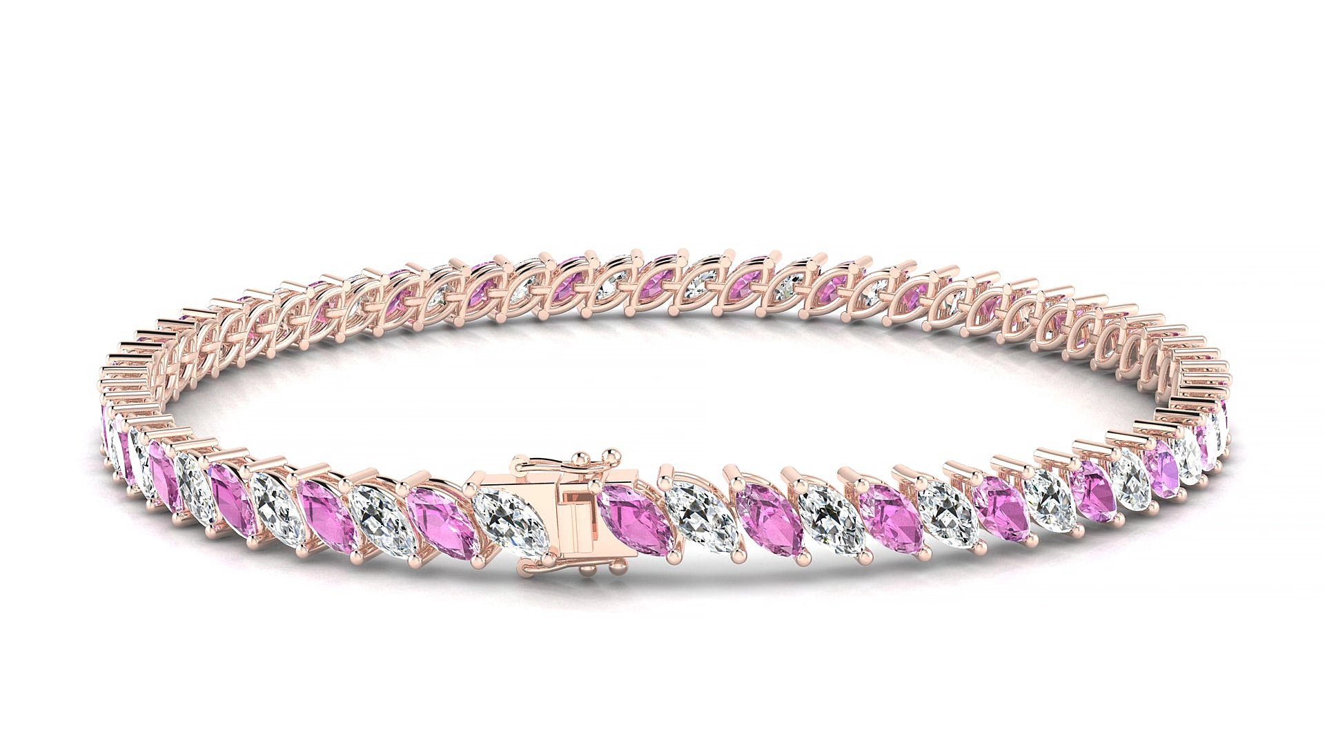 Venezia 1-1 | 18k Rose Gold 5 x 2.5 mm Marquise Natural Pink Sapphire & Diamond 17 cm Tennis Bracelet