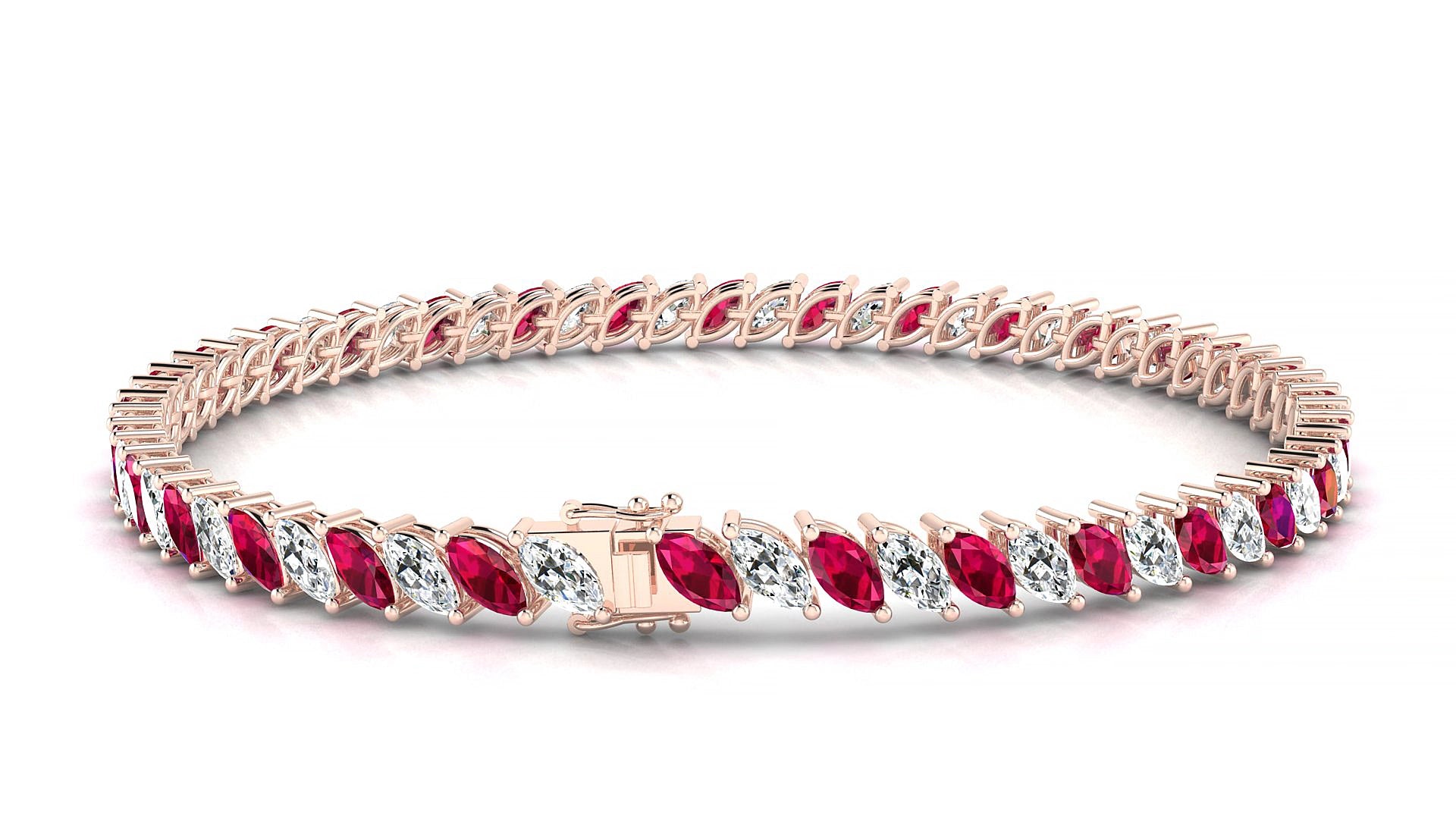 Venezia 1-1 | 18k Rose Gold 5 x 2.5 mm Marquise Natural Ruby & Diamond 18 cm Tennis Bracelet