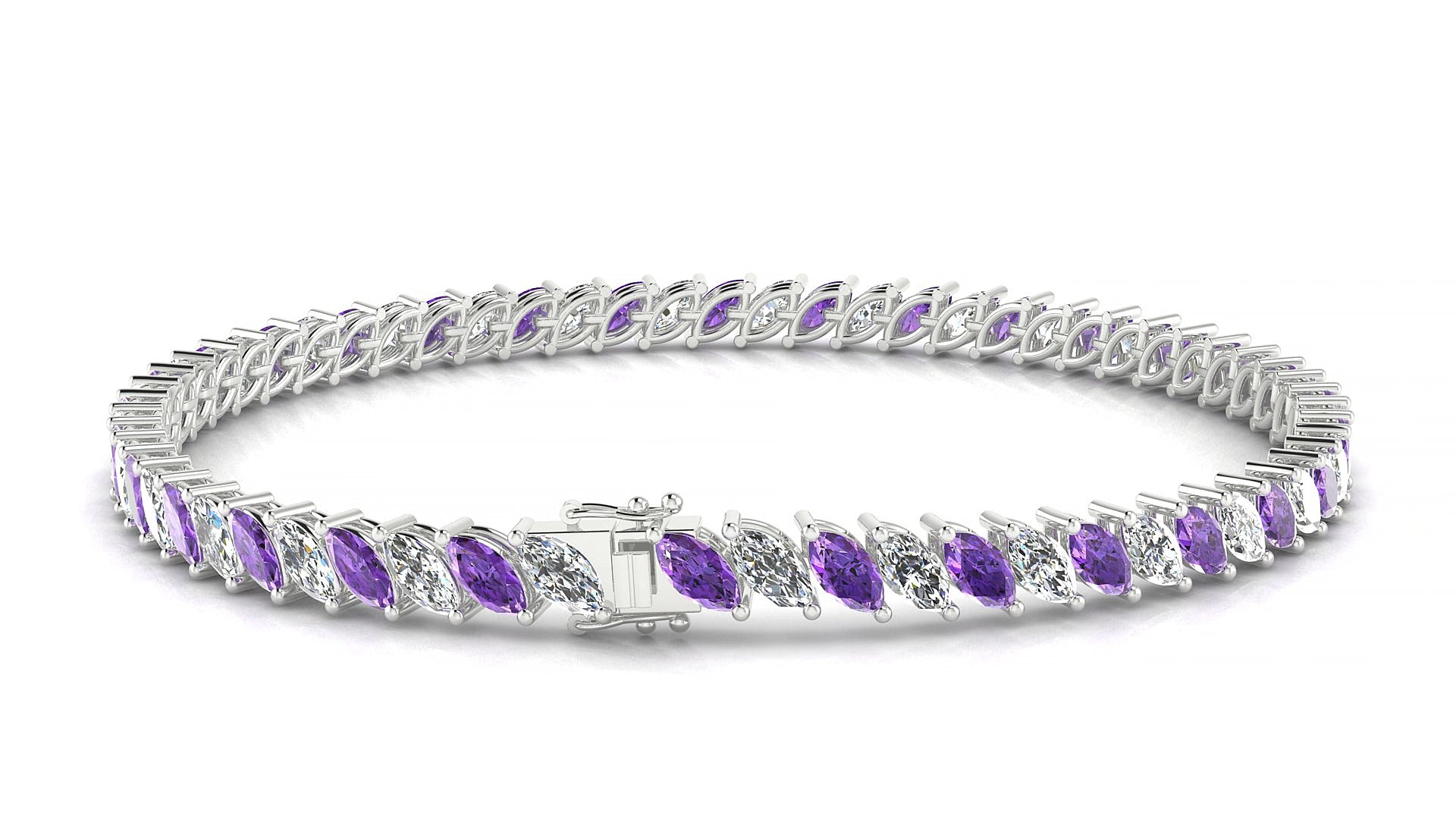 Venezia 1-1 | 18k White Gold 5 x 2.5 mm Marquise Natural Amethyst & Diamond 16 cm Tennis Bracelet