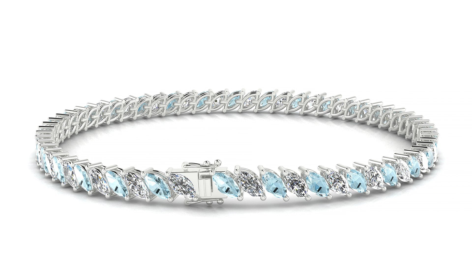 Venezia 1-1 | 18k White Gold 5 x 2.5 mm Marquise Natural Aquamarine & Diamond 19 cm Tennis Bracelet