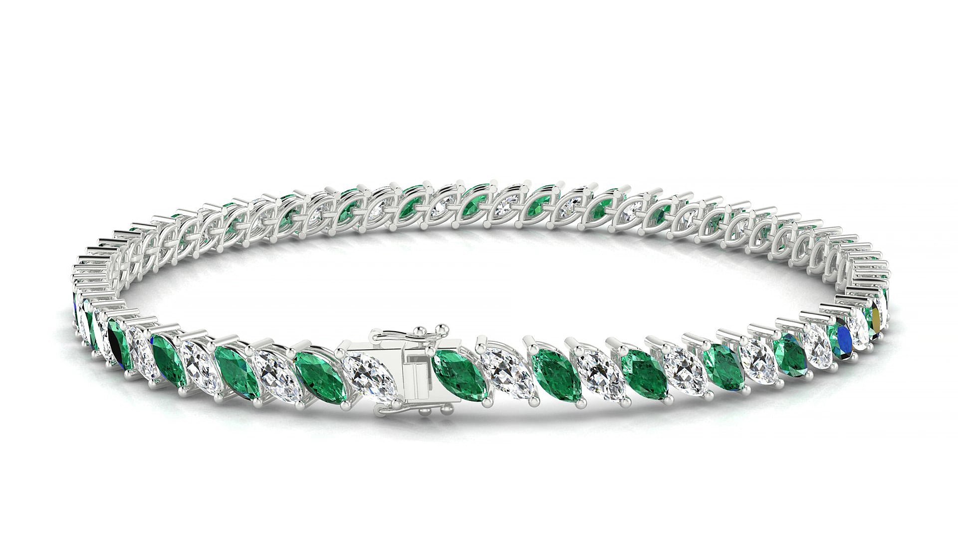 Venezia 1-1 | 18k White Gold 5 x 2.5 mm Marquise Natural Emerald & Diamond 18 cm Tennis Bracelet