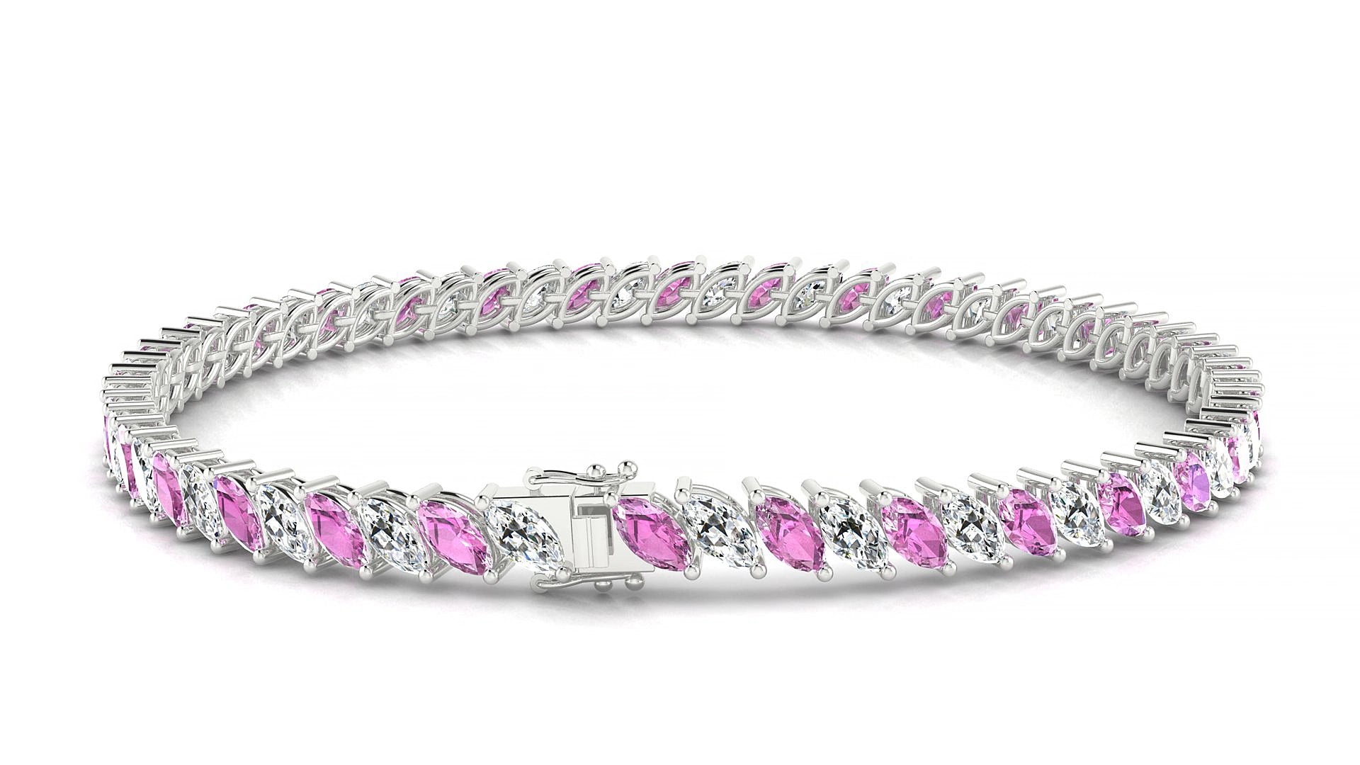 Venezia 1-1 | 18k White Gold 5 x 2.5 mm Marquise Natural Pink Sapphire & Diamond 19 cm Tennis Bracelet