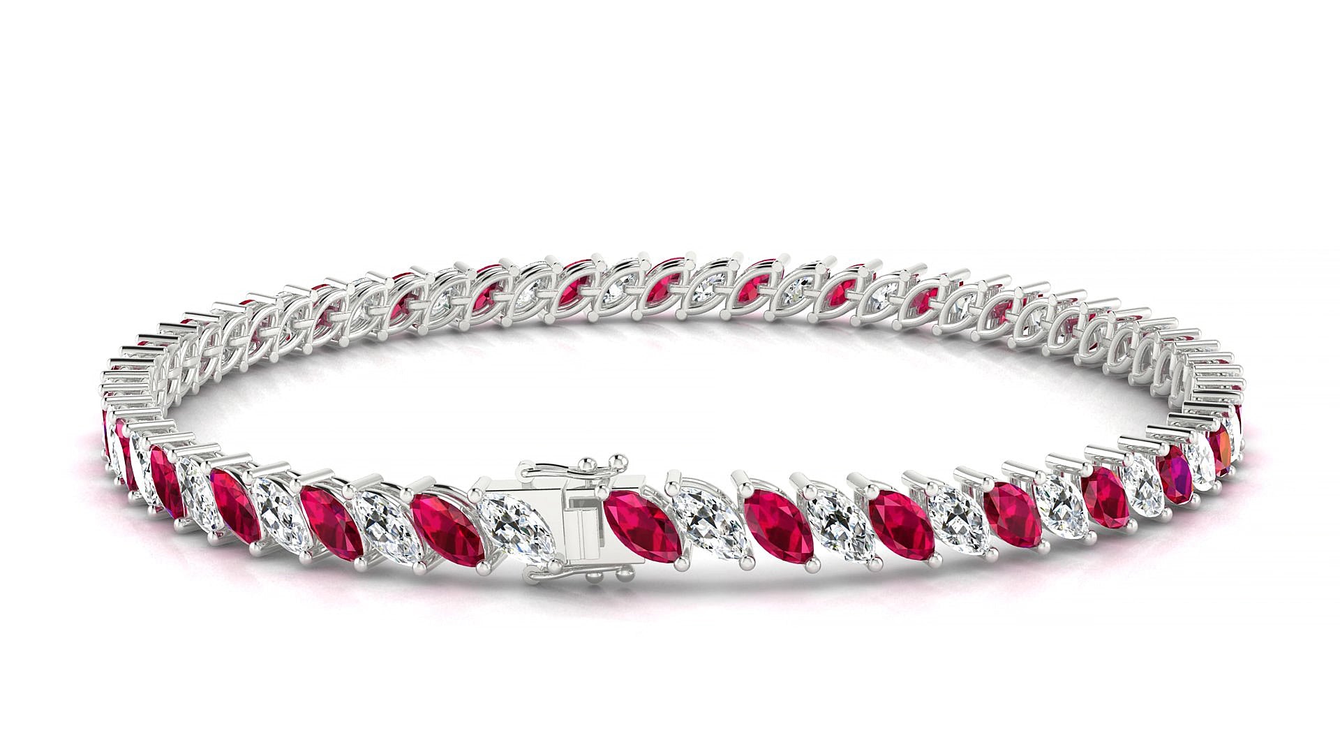 Venezia 1-1 | 18k White Gold 5 x 2.5 mm Marquise Natural Ruby & Diamond 17 cm Tennis Bracelet