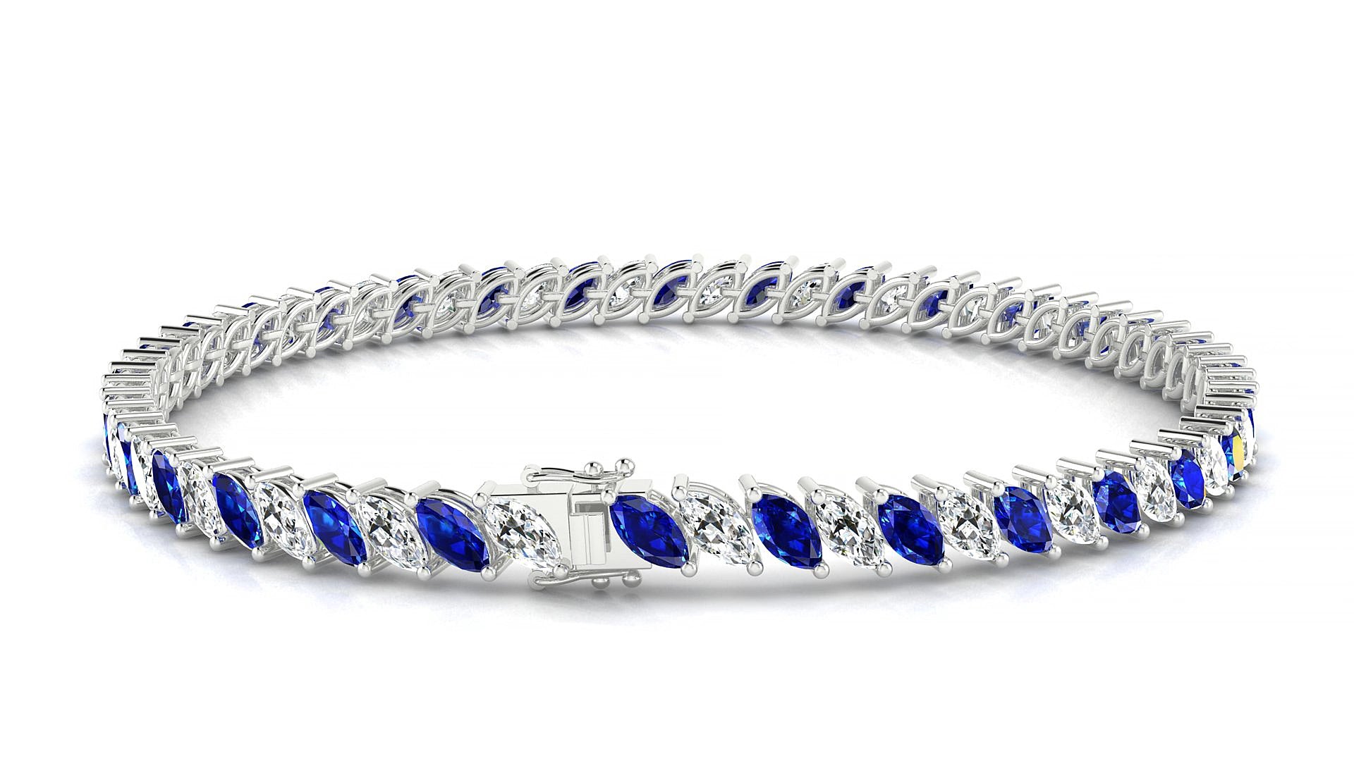 Venezia 1-1 | 18k White Gold 5 x 2.5 mm Marquise Natural Sapphire & Diamond 15 cm Tennis Bracelet