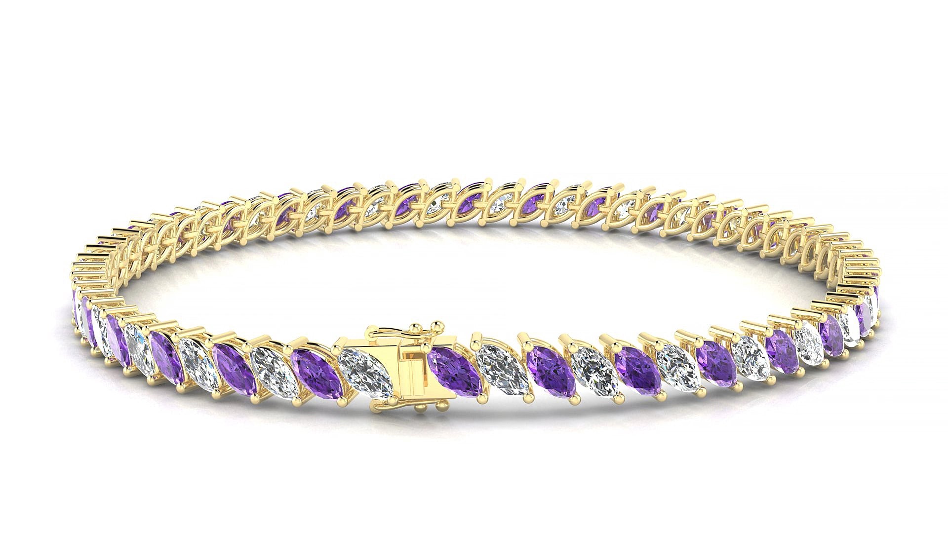 Venezia 1-1 | 18k Yellow Gold 5 x 2.5 mm Marquise Natural Amethyst & Diamond 17 cm Tennis Bracelet