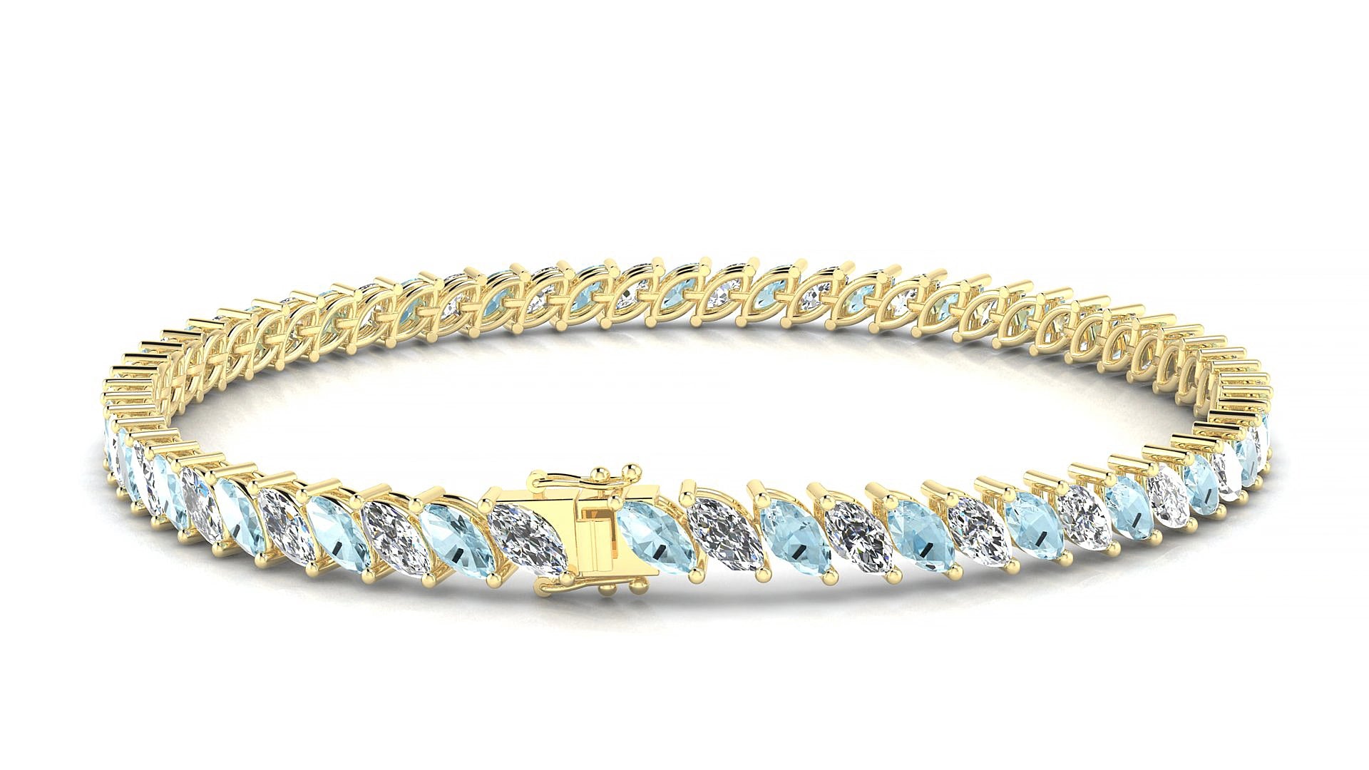 Venezia 1-1 | 18k Yellow Gold 5 x 2.5 mm Marquise Natural Aquamarine & Diamond 15 cm Tennis Bracelet