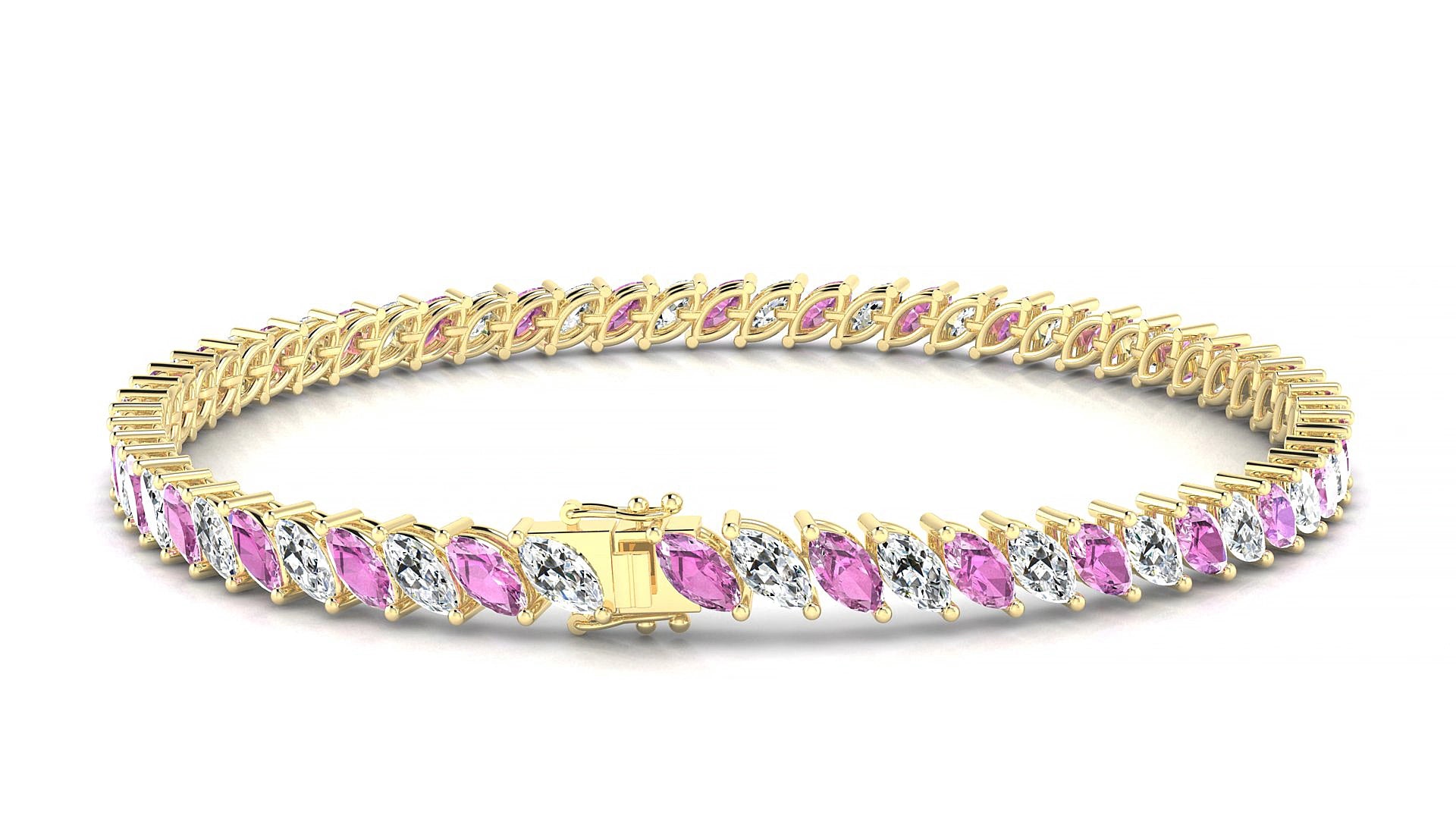 Venezia 1-1 | 18k Yellow Gold 5 x 2.5 mm Marquise Natural Pink Sapphire & Diamond 19 cm Tennis Bracelet