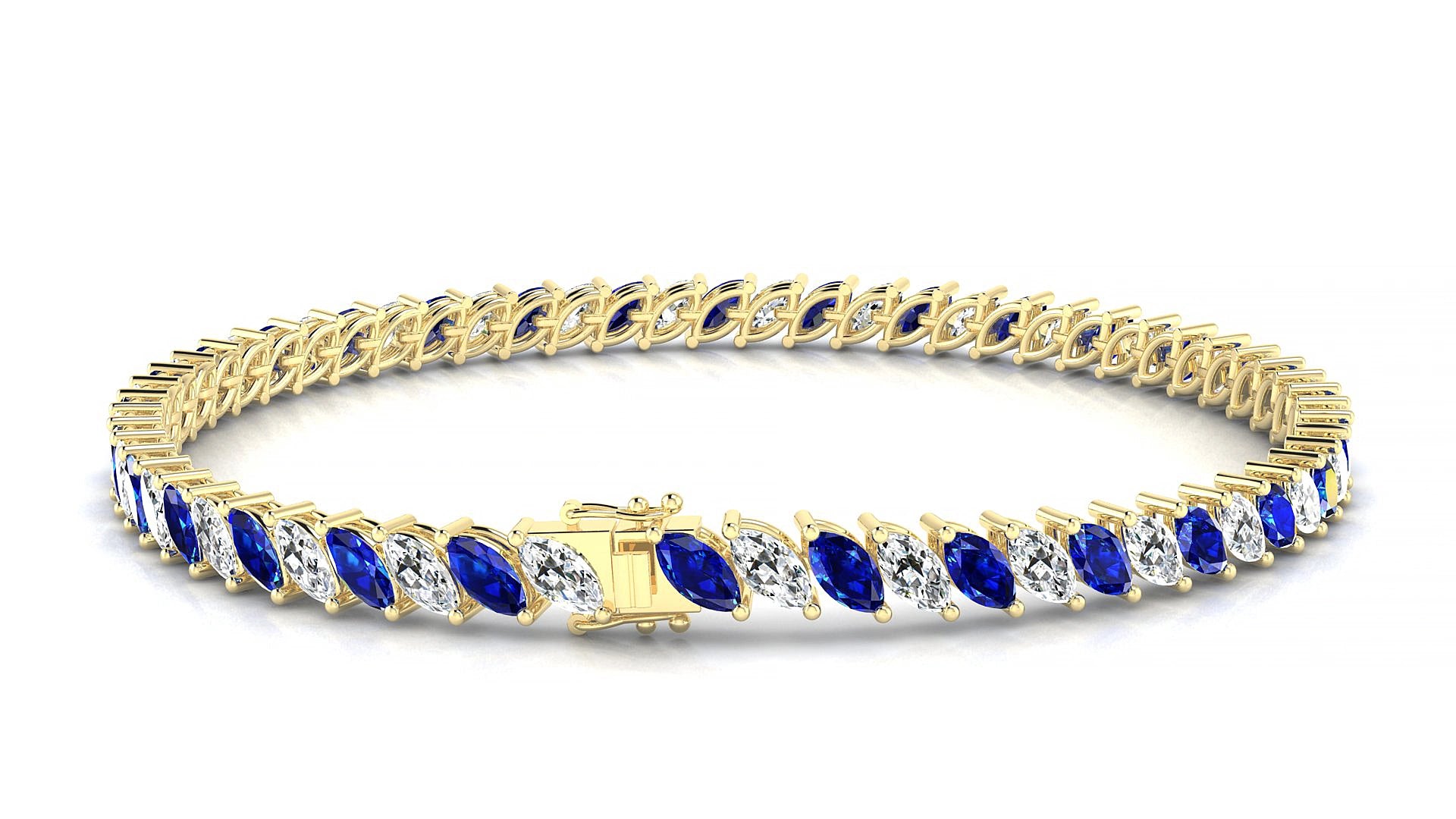 Venezia 1-1 | 18k Yellow Gold 5 x 2.5 mm Marquise Natural Sapphire & Diamond 19 cm Tennis Bracelet