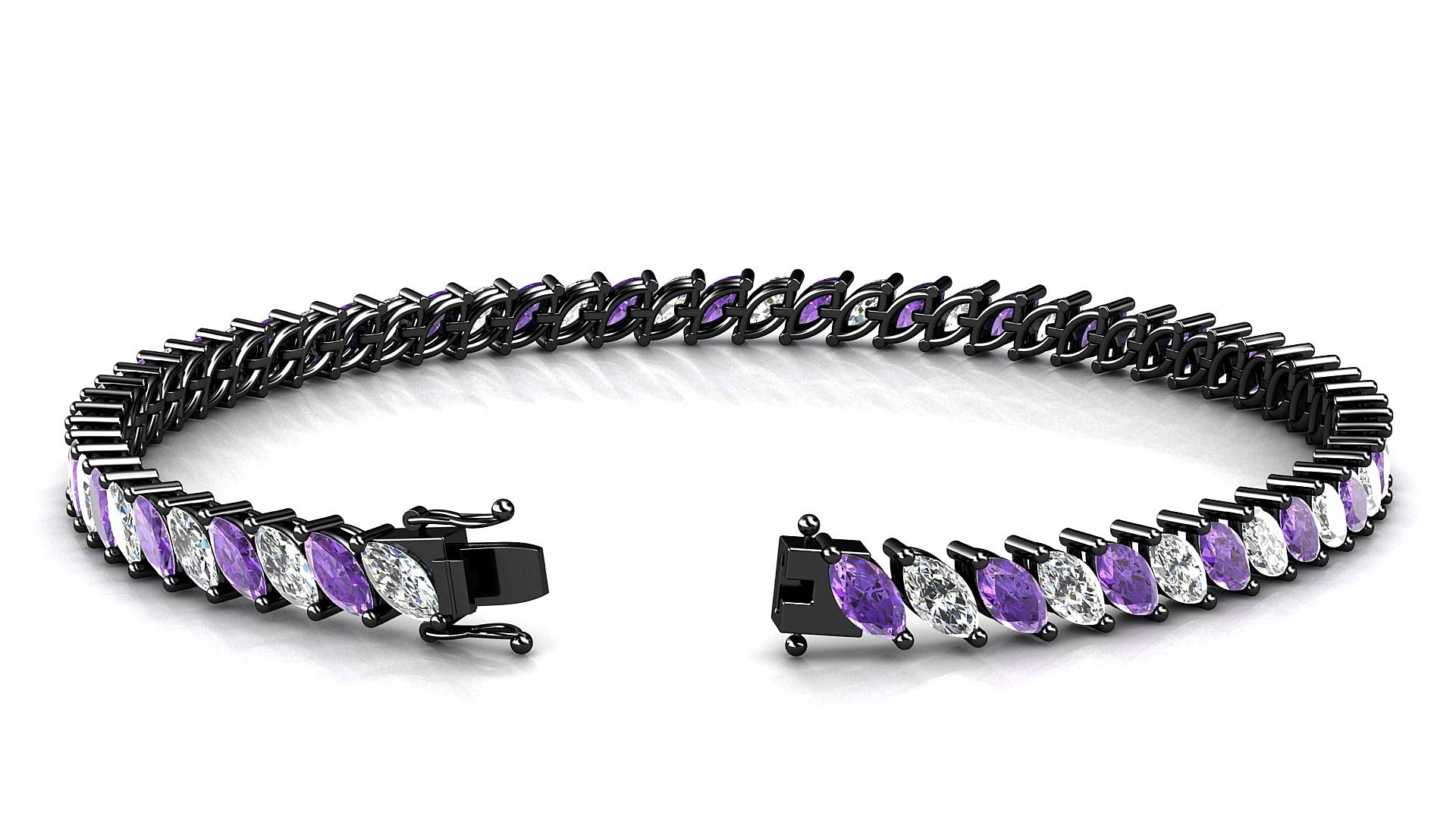 Venezia 1-1 | 18k Black Gold 5 x 2.5 mm Marquise Natural Amethyst & Diamond 19 cm Tennis Bracelet