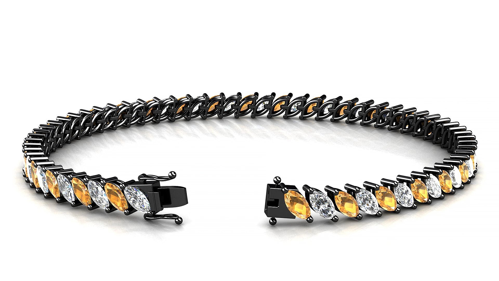 Venezia 1-1 | 18k Black Gold 5 x 2.5 mm Marquise Natural Citrine & Diamond 15 cm Tennis Bracelet