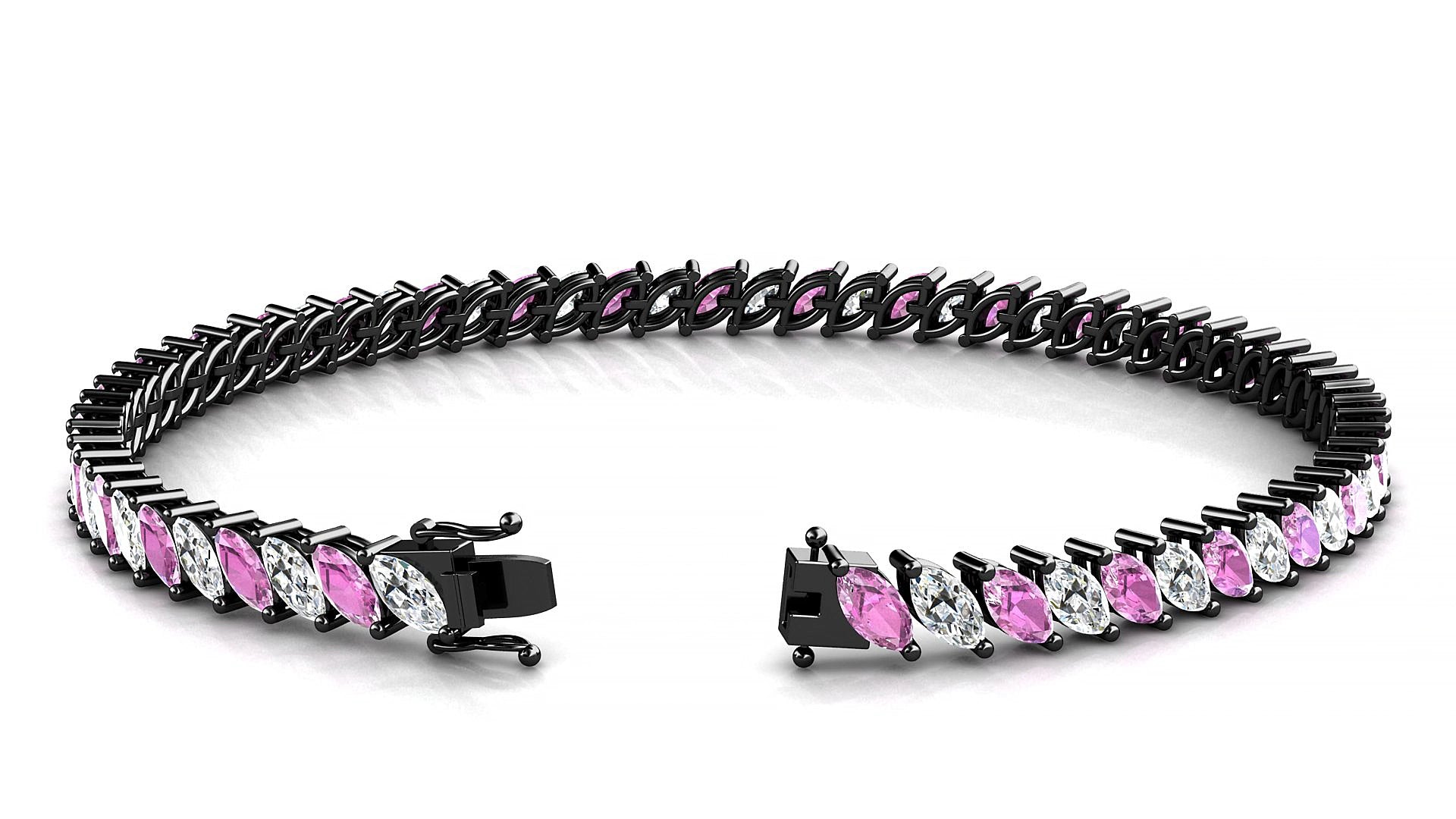 Venezia 1-1 | 18k Black Gold 5 x 2.5 mm Marquise Natural Pink Sapphire & Diamond 15 cm Tennis Bracelet