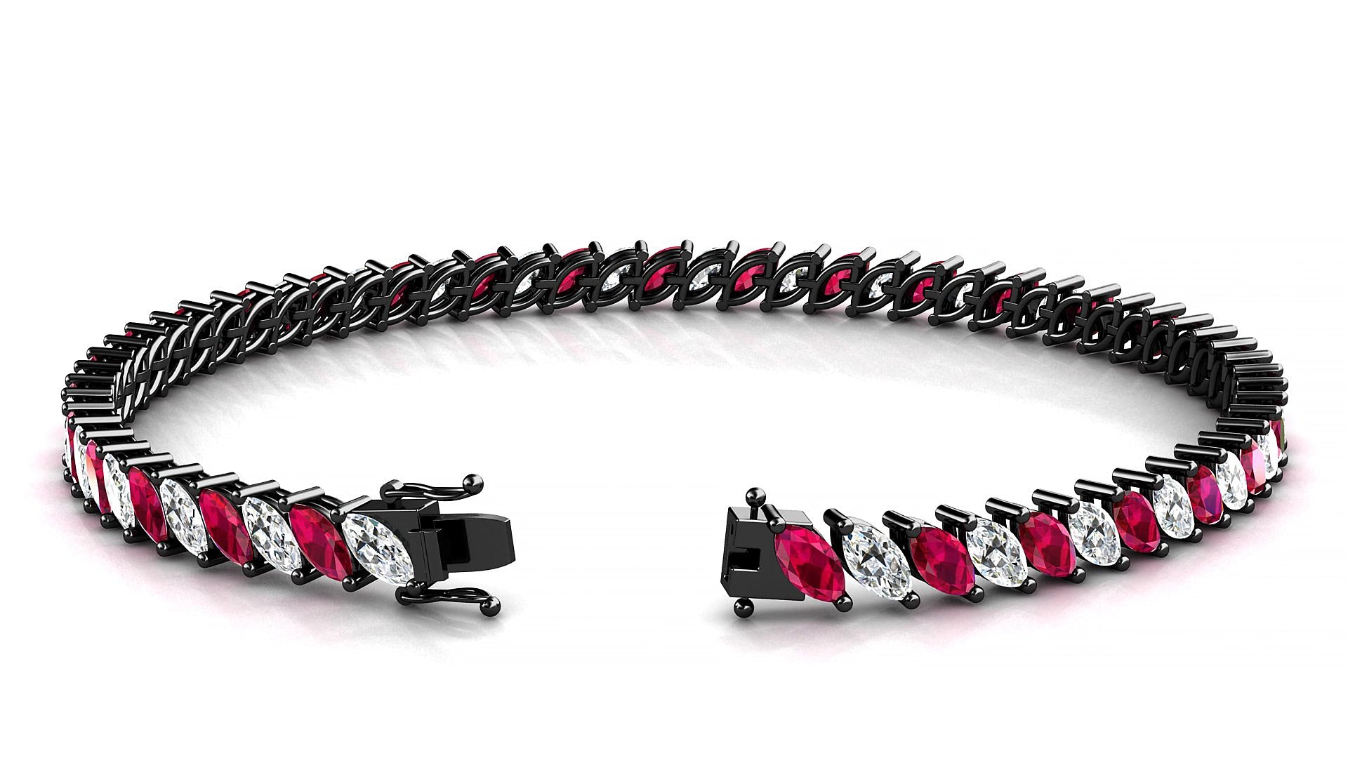 Venezia 1-1 | 18k Black Gold 5 x 2.5 mm Marquise Natural Ruby & Diamond 16 cm Tennis Bracelet