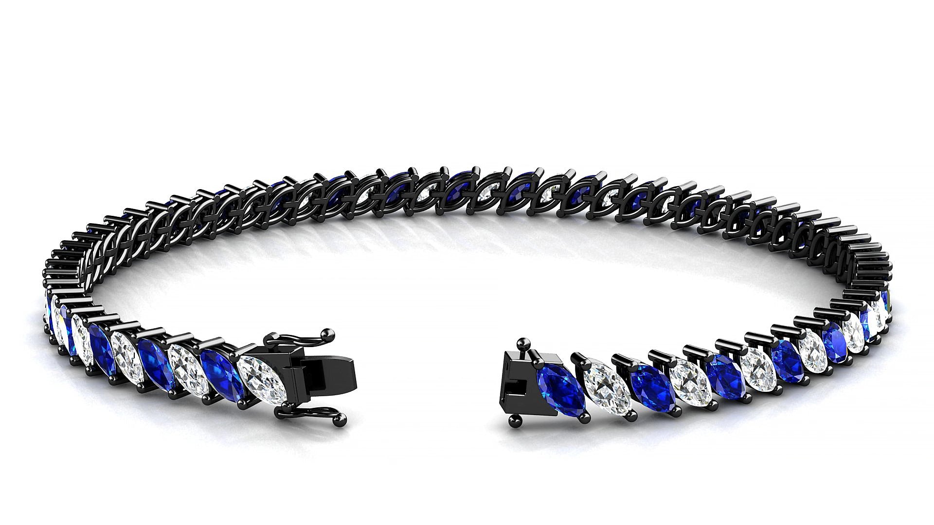 Venezia 1-1 | 18k Black Gold 5 x 2.5 mm Marquise Natural Sapphire & Diamond 15 cm Tennis Bracelet