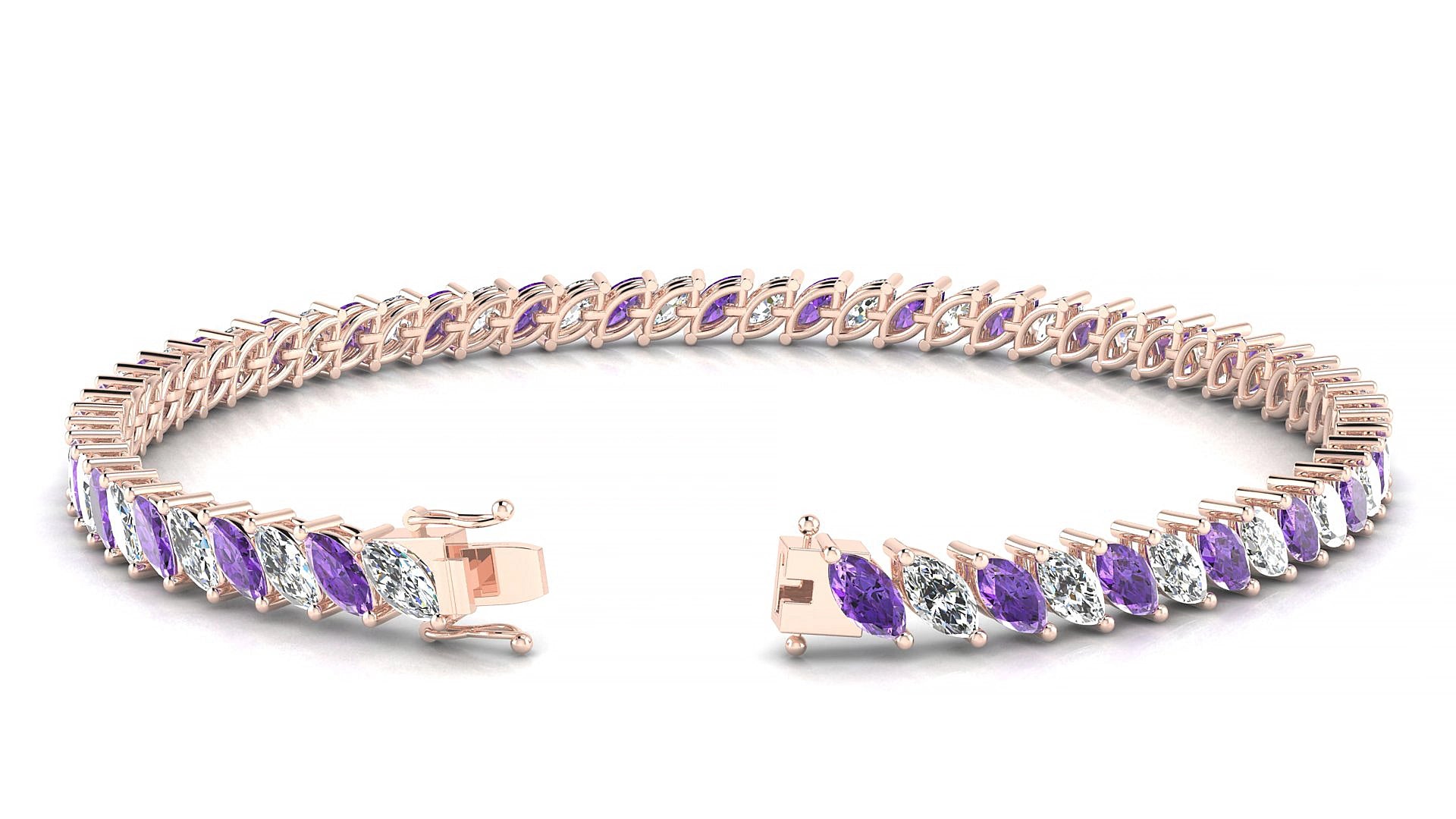 Venezia 1-1 | 18k Rose Gold 5 x 2.5 mm Marquise Natural Amethyst & Diamond 15 cm Tennis Bracelet