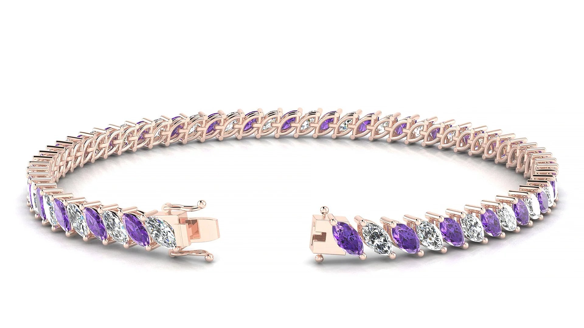 Venezia 1-1 | 18k Rose Gold 5 x 2.5 mm Marquise Natural Amethyst & Diamond Tennis Bracelet