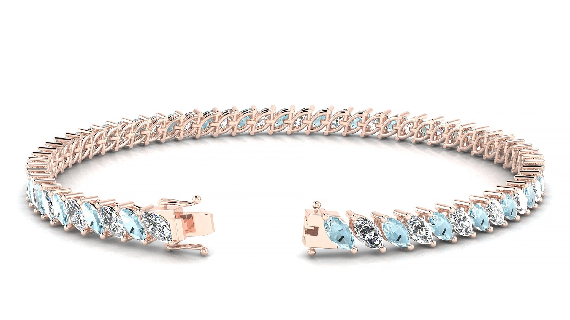 Venezia 1-1 | 18k Rose Gold 5 x 2.5 mm Marquise Natural Aquamarine & Diamond 15 cm Tennis Bracelet