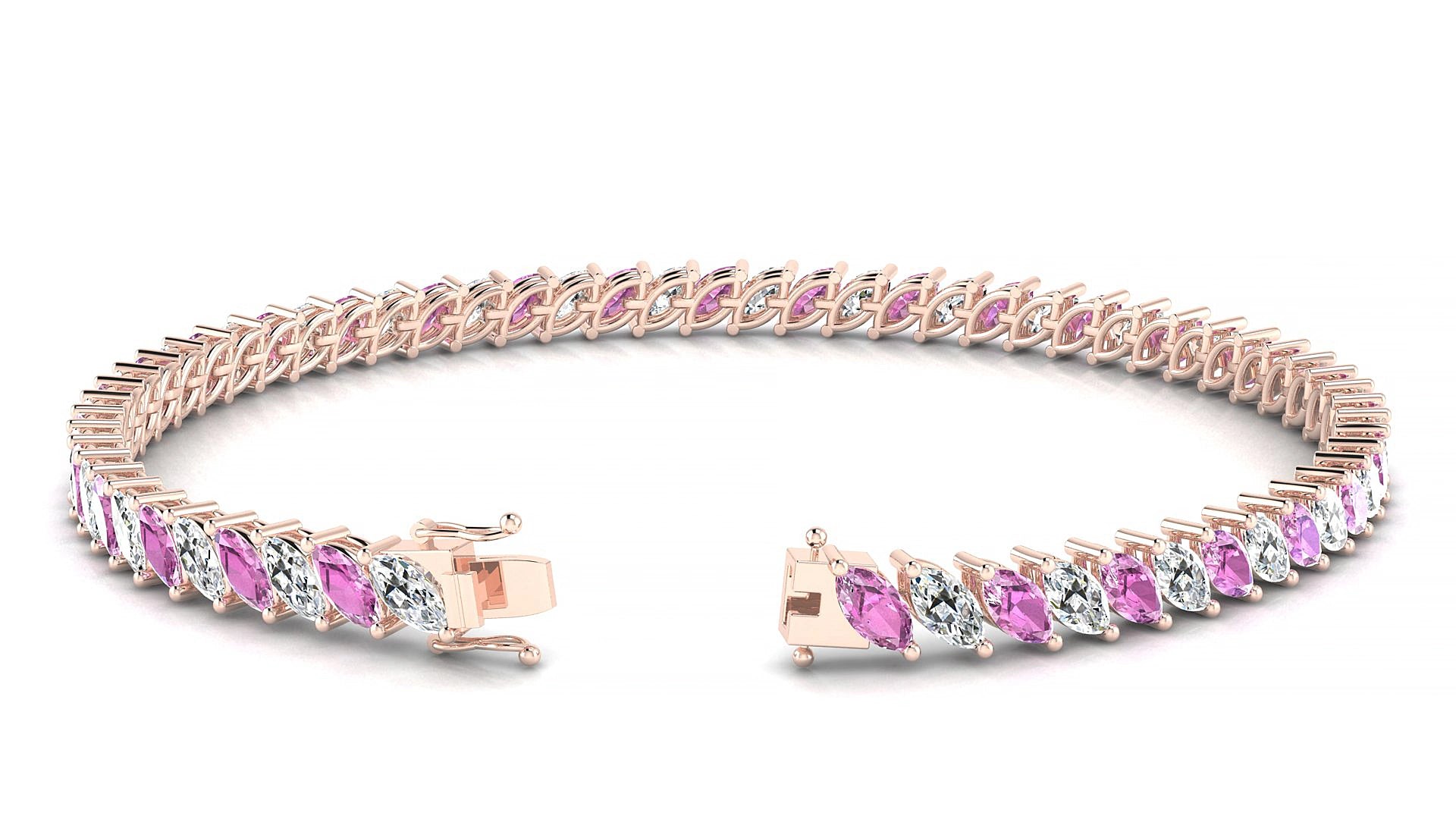 Venezia 1-1 | 18k Rose Gold 5 x 2.5 mm Marquise Natural Pink Sapphire & Diamond 15 cm Tennis Bracelet