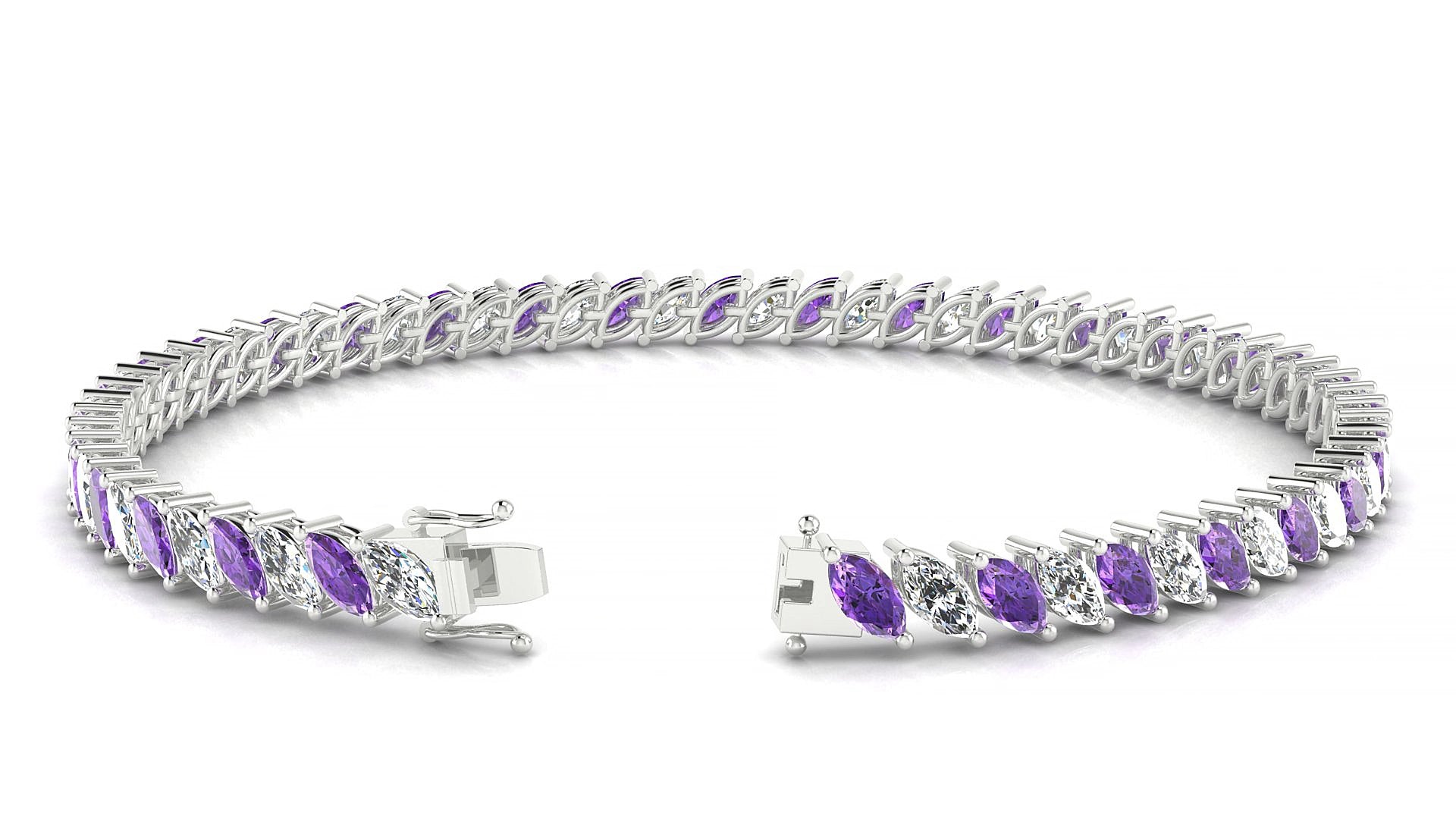 Venezia 1-1 | 18k White Gold 5 x 2.5 mm Marquise Natural Amethyst & Diamond 19 cm Tennis Bracelet