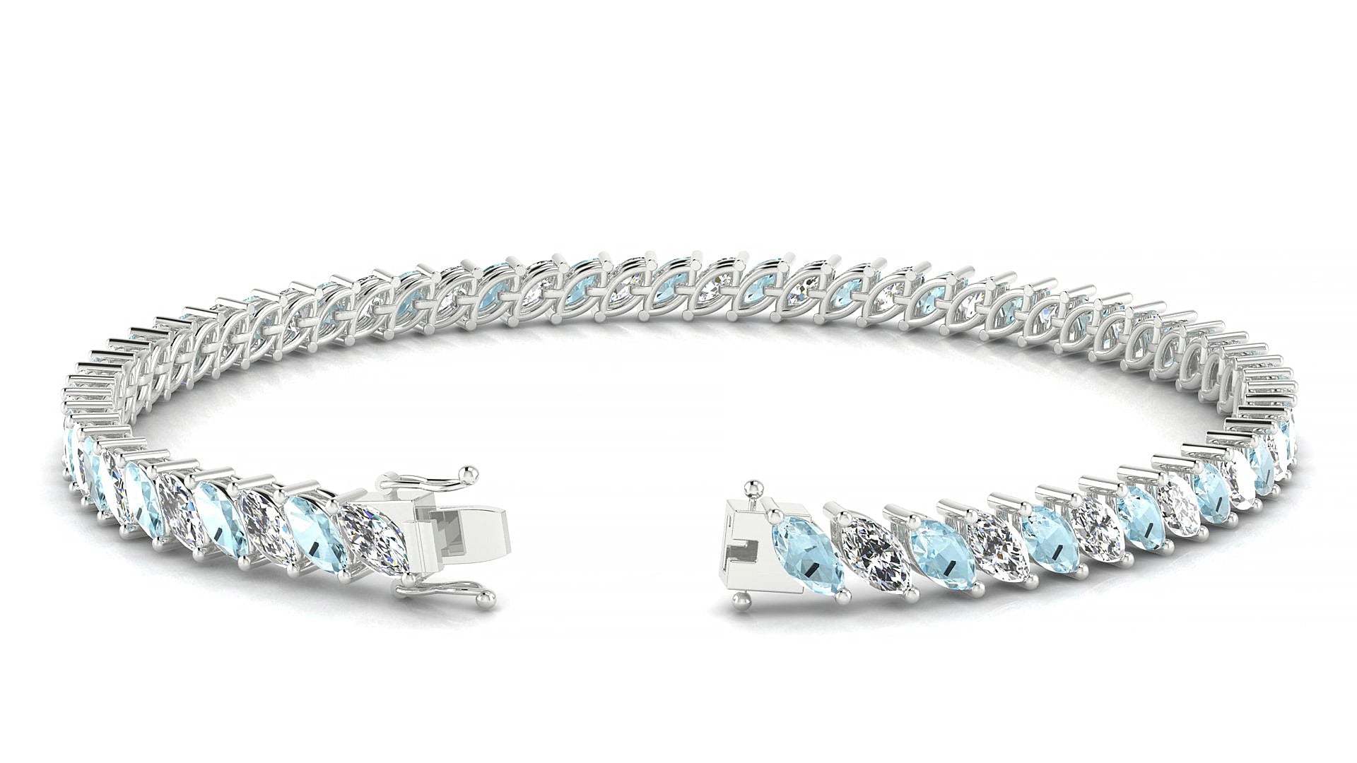 Venezia 1-1 | 18k White Gold 5 x 2.5 mm Marquise Natural Aquamarine & Diamond 18 cm Tennis Bracelet