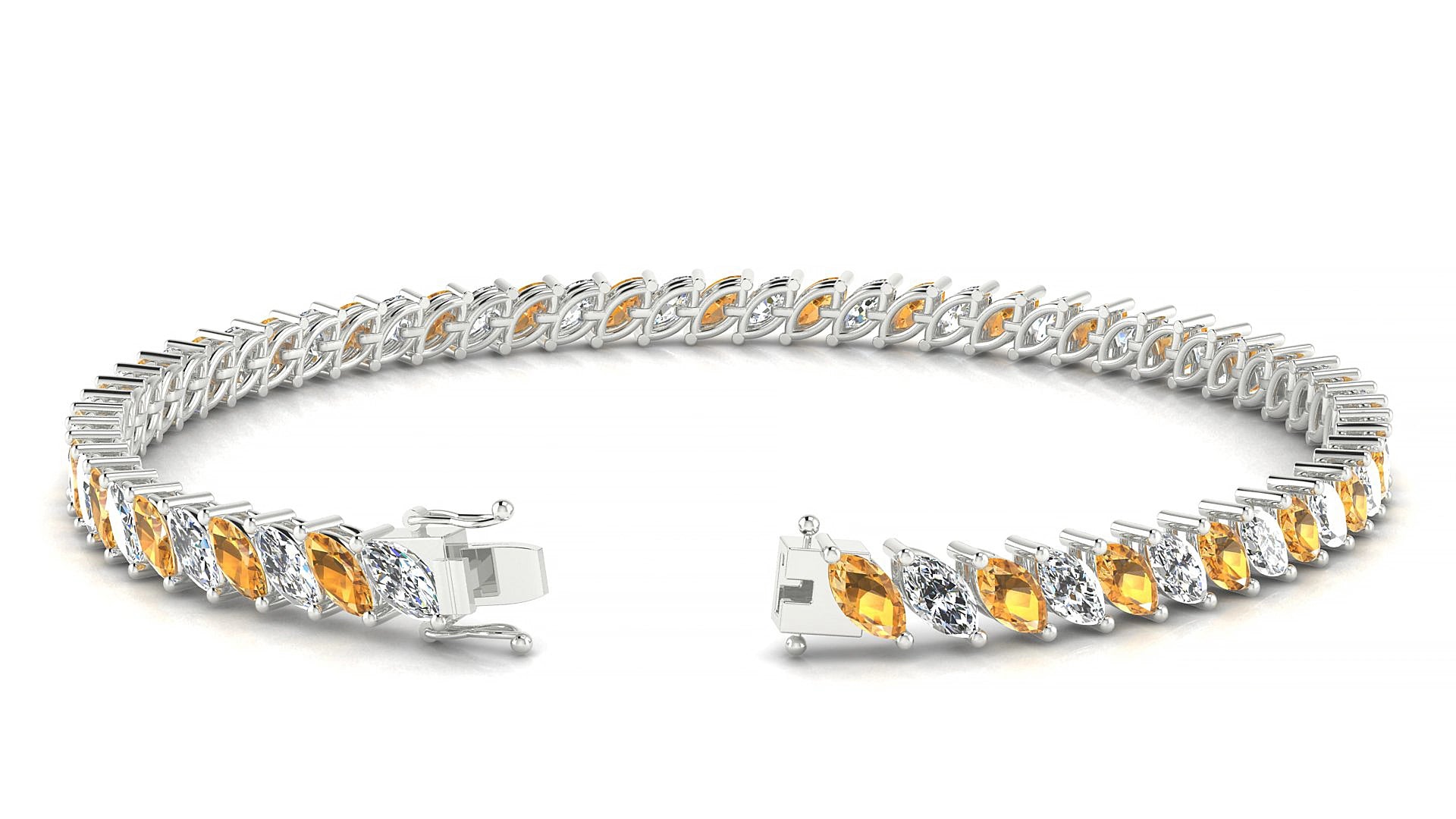 Venezia 1-1 | 18k White Gold 5 x 2.5 mm Marquise Natural Citrine & Diamond 19 cm Tennis Bracelet