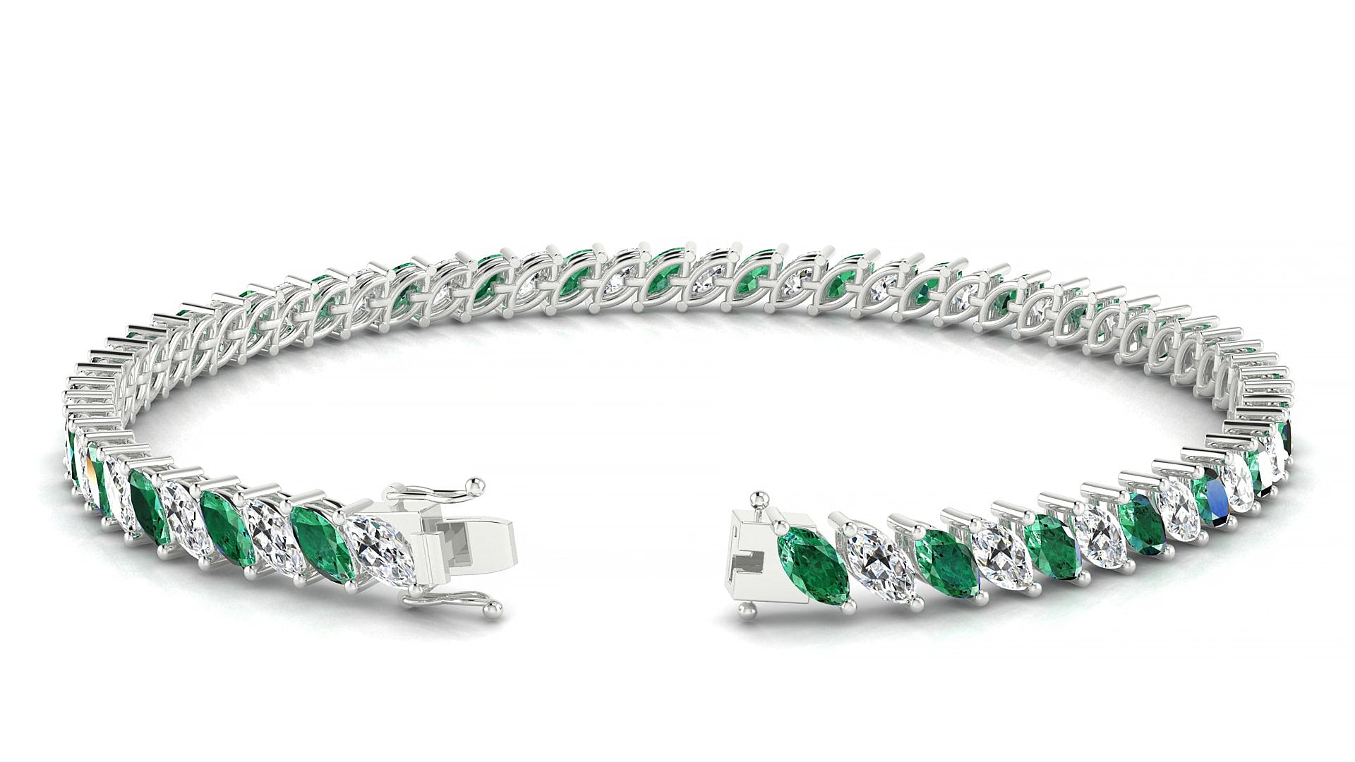 Venezia 1-1 | 18k White Gold 5 x 2.5 mm Marquise Natural Emerald & Diamond 18 cm Tennis Bracelet