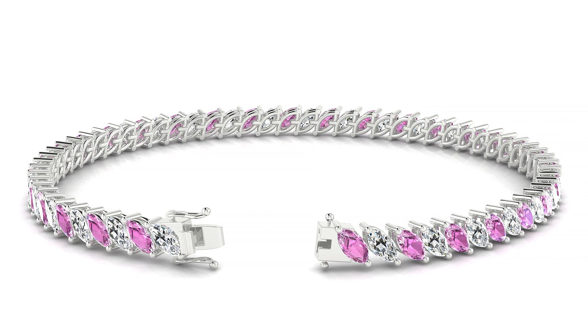 Venezia 1-1 | 18k White Gold 5 x 2.5 mm Marquise Natural Pink Sapphire & Diamond 15 cm Tennis Bracelet