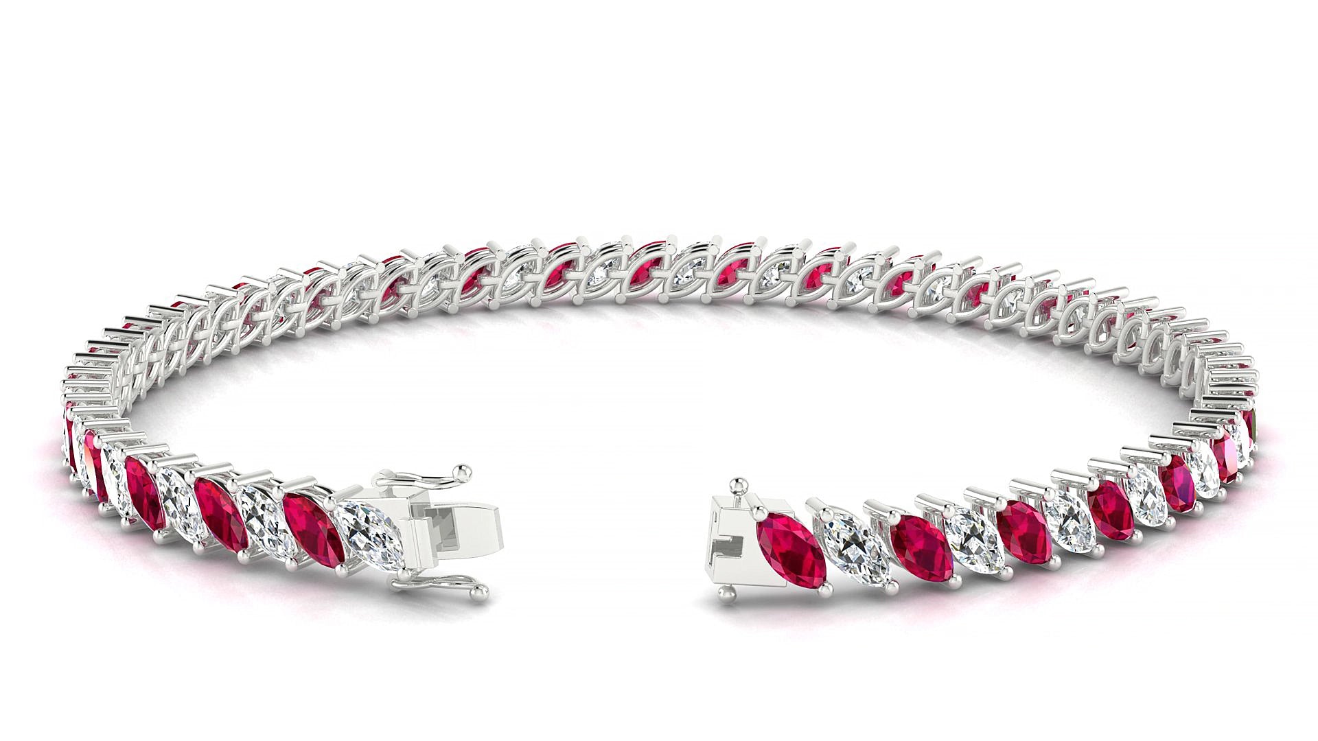 Venezia 1-1 | 18k White Gold 5 x 2.5 mm Marquise Natural Ruby & Diamond 19 cm Tennis Bracelet