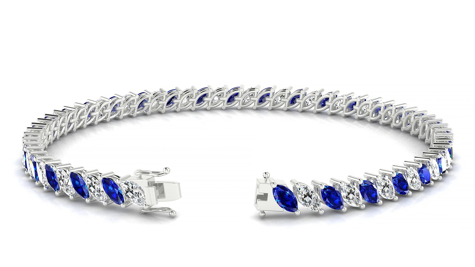 Venezia 1-1 | 18k White Gold 5 x 2.5 mm Marquise Natural Sapphire & Diamond 15 cm Tennis Bracelet