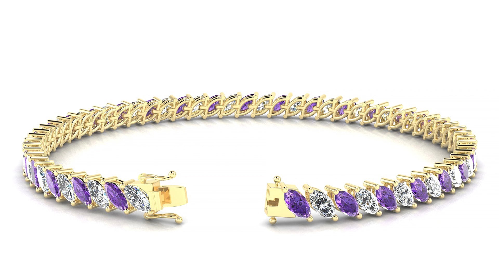 Venezia 1-1 | 18k Yellow Gold 5 x 2.5 mm Marquise Natural Amethyst & Diamond 15 cm Tennis Bracelet
