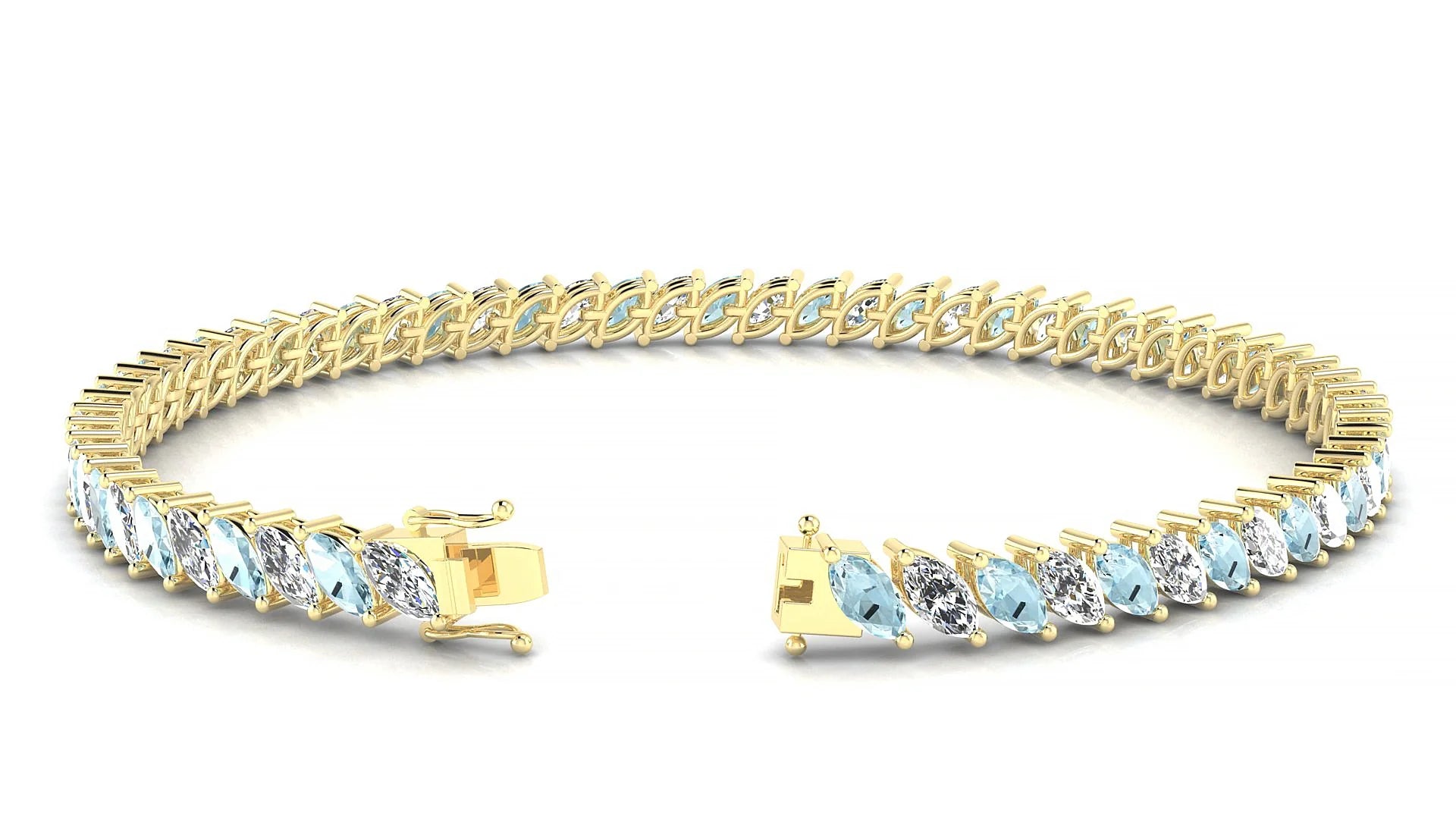 Venezia 1-1 | 18k Yellow Gold 5 x 2.5 mm Marquise Natural Aquamarine & Diamond Tennis Bracelet