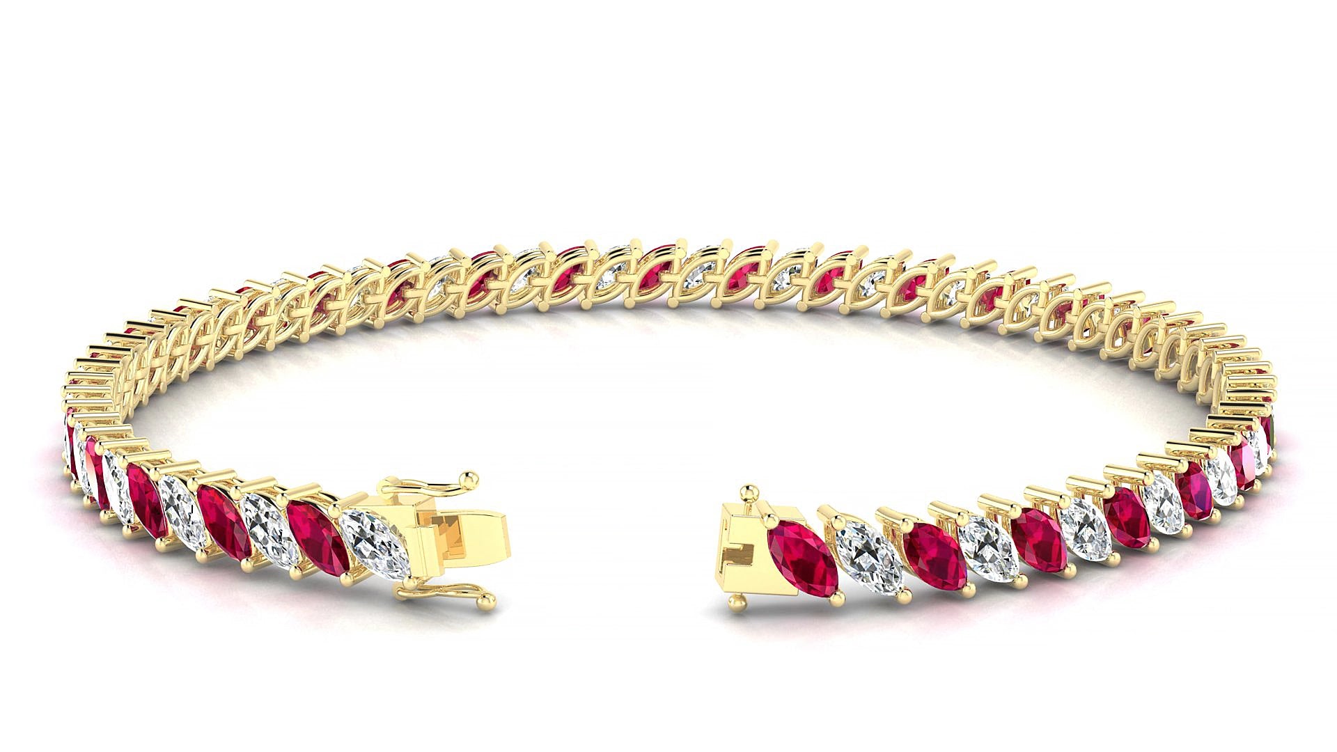 Venezia 1-1 | 18k Yellow Gold 5 x 2.5 mm Marquise Natural Ruby & Diamond 19 cm Tennis Bracelet
