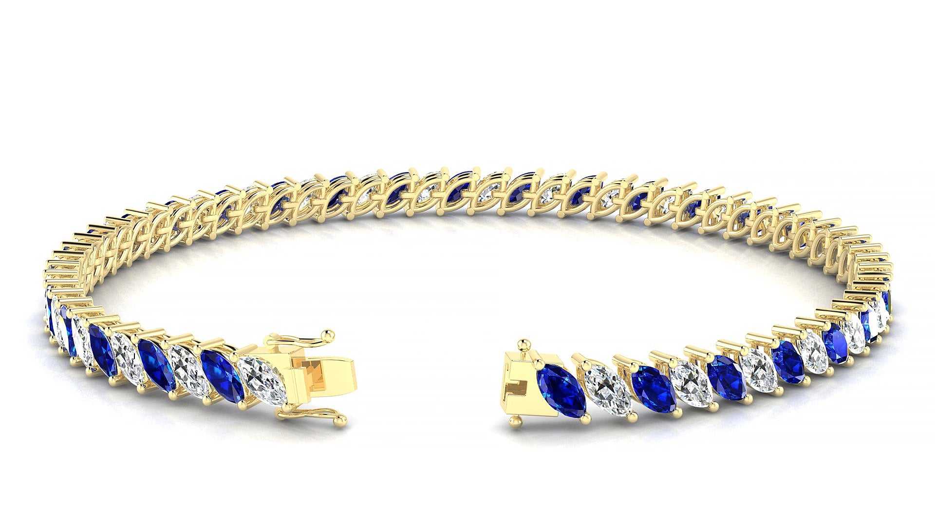 Venezia 1-1 | 18k Yellow Gold 5 x 2.5 mm Marquise Natural Sapphire & Diamond 19 cm Tennis Bracelet